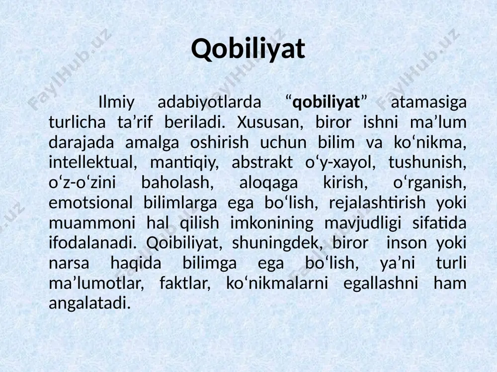 iyotni ta’minlaydi. maxsus insoniy qobiliyatlar o‘z navbatida umumiy va xususiy qobiliyatlarga bo‘linadi. umumiy qobiliyatlar insonning turli faoliyatlari muvaffaqiyatini ta’minlovchi aqliy qobiliyatlar xotira va nutqning rivojlanganligi, qo‘l harakatlarini aniqligi va boshqa xususiyatlardan iborat. badiiy qobiliyat sensor obrazli fikrlashning alohida rivojlangan bo‘limini, o‘tkir emotsional ta’sirchanlik va reaktivlikni talab qiladi. bu qobiliyatga tasvirlash, musiqaviy, artistik va adabiy qobiliyatlar kiradi. amaliy qobiliyat praktik aqlning yuksak darajada rivojlanganligini, fahm-farosatning kuchliligi, iroda va yetuk kirishuvchanlikni o‘z ichiga oladi. ilmiy qobiliyat abstrakt, evristik fikrlashning yuksak rivojlangan bo‘lishini, og‘zaki mantiqiy xotirani, qat’iyat va sabr-toqatni talab qiladi. matematik qobiliyat matematik materiallarni umumlashtirish, mulohaza yuritish jarayonini qisqartirish, matematik ish amallarini kamaytirish, masalani idrok qilish bilan natijasi o‘rtasida aloqa o‘rnatish, to‘g‘ri va teskari fikr yuritishdagi yengillik, unumlilik, masala yechishda fikr yuritishni epchilligi kabilar. adabiy qobiliyat nafosat hislarining yuksak taraqqiyoti darajasi xotirada yorqin ko‘rgazmali obrazlarning jonligini, «til zehni», behisob xayolan ruhiyatga qiziquvchanlik, intiluvchanlik va boshqalar. i.p.pavlov tomonidan ishlab chiqilgan tipologiyani quyidagicha tushuntirish …
