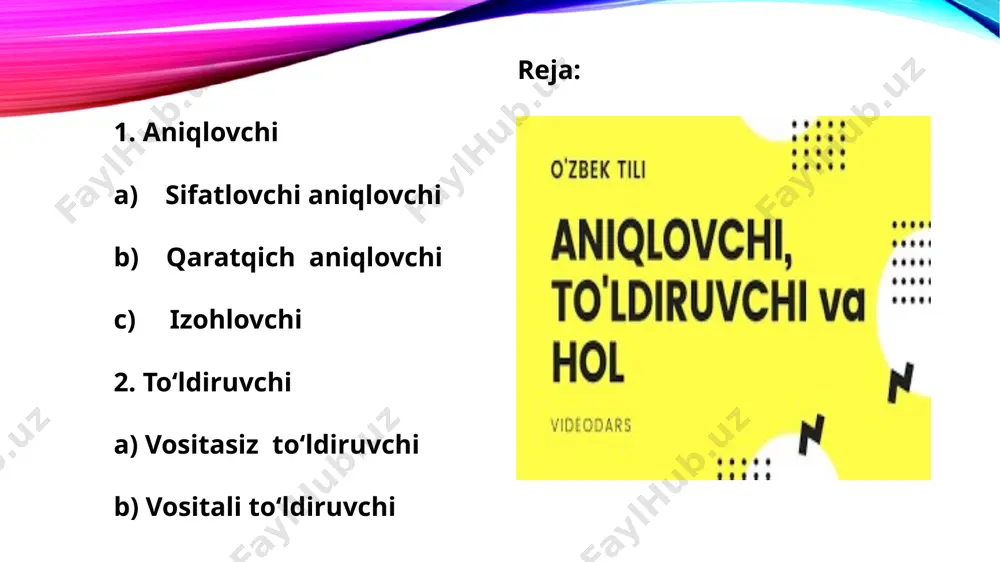 gan manzil yo‘q. (k.yashin). aytar so‘zni ayt, aytmas so‘zdan qayt. (maqol). 6) ravish bilan: ko‘p befoyda narsalarni o‘rganganingdan ko‘ra senga doimo xizmat qiladigan besh-o‘nta yaxshi o‘gitni bilganing ma’qulroq. (seneka) 7) taqlid so‘z bilan: g‘ir-g‘ir mayin bahor shamoli. (oybek). bir gala o‘rdak kanal bo‘yiga tushdi. bularning g‘aq-g‘uq ovozi ancha vaqtgacha bosilmadi. sifatlovchi ba’zan so‘z birikmasi bilan ham ifodalanadi. masalan: qarama-qarshi turgan ikki eshikning birini shaxt bilan ochdi... (p.qodirov). dunyoda xushfe’l, olijanob, hamisha ezgu niyat bilan ish qiladigan odamlar juda ko‘p (o.husanov). sifatlovchi vazifasini gapga teng predikativ birliklar ham bajarishi mumkin: himmati zo‘r kishining qimmati zo‘rdir. («oz-oz o‘rganib dono bo‘lur»). qaratqich aniqlovchi bu aniqlovchi ot yoki otlashgan so‘z bilan ifodalangan bo‘lakka muvofiqlashuv yo‘li bilan bog‘lanib, o‘zi ifodalayotgan shaxs yo predmetga boshqa bir shaxs yoki predmetning qarashli, tegishli ekanini bildiruvchi aniqlovchining bir turidir. u kimning? nimaning? qayerning? so‘roqlaridan biriga javob bo‘ladi. qaratuvchi bog‘lanib kelgan so‘z qaralmish deb yuritiladi. qaratuvchi quyidagicha ifodalanadi: 1) ot …
