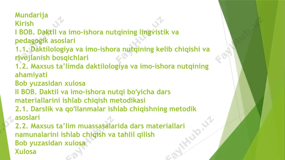 ra va daktil nutqning o‘rgatishdagi ahamiyati haqida ilmiy tadqiqotlar olib borganlar. xorijiy tadqiqotchilar — l.s. vygotskiy, d.b. elkonin, h. lane, c. padden va d. powerlarning ishlari esa imo-ishora tilining psixologik, lingvistik va ijtimoiy funksiyalarini yoritadi. shuningdek, dars materiallarini vizual asosda ishlab chiqish bilan bog‘liq izlanishlar multimedia pedagogikasi va maxsus didaktika doirasida olib borilmoqda. shunga qaramay, aynan daktil va imo-ishora nutqi asosida tuzilgan dars materiallarini tizimli ishlab chiqish va amaliyotga joriy etish masalasi hali yetarlicha tadqiq etilmagan bo‘lib, bu yo‘nalishda izlanishlar olib borish muhim ilmiy-amaliy ahamiyatga ega. kurs ishi obyekti: maxsus ta’limdagi o‘qtish tizimi. kurs ishi predmeti: eshitishida nuqsoni bo'lgan o'quvchilarni o‘qitish jarayoni. kurs ishi maqsad va vazifalari: daktil va imo-ishora nutqi asosida eshitishida nuqsoni bor bolalar bilan muloqotni samarali tashkil etish uchun moslashtirilgan dars materiallarini ishlab chiqish hamda ularning kommunikativ qobiliyatlarini rivojlantirishga xizmat qiladigan metodik vositalarni yaratish. daktil va imo-ishora nutqining psixologik-pedagogik asoslarini o‘rganish; maxsus pedagogika va surdopedagogika adabiyotlarida daktil …