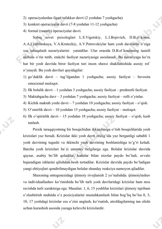 hda turli xarakterga ega. masalan: 1, 6, 15 yoshlilar krizislari ijtimoiy tajribani o’zlashtirish muhitda o’z poziciyalarini mustahkamlash bilan bog’liq bo’lsa 0, 3, 10, 17 yoshdagi krizislar esa o’zini anglash, ko’rsatish, atrofdagilarning tan olishi uchun kurashish asosida yuzaga keluvchi krizislardir. bola avval ma`lum darajaga etib, keyin tarbiyalanmaydi, balki ta`lim va tarbiya jarayonida psixik rivojlanadi. bunda psixologlar vigotskiy tomonidan aniqlangan qoidaga, ya`ni ta`lim berish bola ko’lga kiritib bo’lgan rivojlanish darajasini ko’zlamasdan, bir muncha olg’a ketish, bolaning tafakkurida uning mavjud imkoniyatlarini bir muncha oshiradigan talablar qo’yishi u erishgan va yaxshi o’zlashtirib olgan analitik-sintetik faoliyat darajasini talab qilish kerak degan qoidaga asoslanadilar. l.s.vigotskiy ta`limining aqliy rivojlanishdagi etakchi rolini ta`kidlar ekan, ta`lim bolaning rivojlanishidagi kechagi kunga emas, balki ertangi kunga tayanmog’i lozim deb hisoblangan edi. ta`lim rivojlanishning faqat tugallangan darajasi asosida qurilmasdan, avvalo hali unga tarkib topmagan narsalarga tayanmog’i kerak. l.s.vigotskiy boladagi aqliy rivojlanishning 2 darajasi haqidagi qoidani ifodalab berdi. birinchi daraja, vigotskiy atyganidek, aktual …