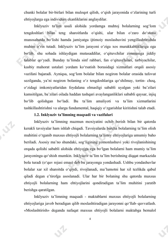 klyuziv ta’limni tatbiq etishda dars berish, o‘qitish bir muncha samarali va unumli bo‘lsa, unda nafaqat imkoniyati cheklangan bolalar, balki barcha bolalar yutadi. inklyuziv ta’lim maktablari bolalarning bilim olishi uchun shaxsiy huquqlarini himoyalandi. bunday yondashuv diskriminatsiyani bartaraf etadi, chunki bolalar bir-birlari bilan muloqot qilish, o‘qish jarayonida o‘zlarining turli ehtiyojlarga ega individum ekanliklarini anglaydilar. inklyuziv ta’lim usuli alohida yordamga muhtoj bolalarning sog‘lom tengdoshlari bilan teng sharoitlarda o‘qishi, ular bilan o‘zaro do‘stona munosabatda bo‘lishi hamda jamiyatga ijtimoiy moslashuvini yengillashtirishda muhim o‘rin tutadi. inklyuziv ta’lim jarayoni o‘ziga xos murakkabliklariga ega bo‘lib, shu sohada ishlaydigan mutasaddilar, o‘qituvchilar zimmasiga jiddiy talablar qo‘yadi. bunday ta’limda sinf rahbari, fan o‘qituvchilari, tarbiyachilar, kasbiy mahorat ustalari yordam ko‘rsatish borasidagi xizmatlari orqali asosiy vazifani bajaradi. ayniqsa, sog‘lom bolalar bilan nogiron bolalar orasida tafovut sezilganda, ya’ni nogiron bolaning o‘z tengdoshlariga qo‘shilmay, tortin- choq, o‘zidagi imkoniyatlaridan foydalana olmasligi sababli uyalgan yoki ba’zilari kamsitilgan, ba’zilari oilada haddan tashqari avaylanganliklari sababli qaysar, injiq bo‘lib qolishgan …