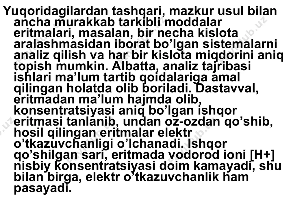 ida kumush ionlari mavjud bo’lgan eritmada elektroliz jarayoni amalga oshsin. bunda kumush ionining qaytarilish reaksiyasi, ya’ni ag++ e→ ag0 amalga oshadi. agar 10-6 a tok sarf bo’lsa, 1 mkg (10-6) sof kumush metali hosil bo’ladi. kulonometrik analiz olib borilganda elektr tokining faqat elektrokimyoviy jarayon uchun sarf bo’lishiga, ya’ni boshqacha har хil qo’shimcha jarayonlarni omalga oshmasligiga asosiy e’tiborni qaratmoq kerak. kulonometrik usul vositasida хilma-хil elektrokimyoviy jarayonlarni tahlil etish mumkin. ko’p analizlarda, moddalarning oksidlanish-qaytarilish reaksiyalariga uchratib, ayniqsa, metall kationlari qaytarilishi bilan, sof metallar sodir qilinadi, aniqrog’i, ajratib olinadi. mazkur usul bilan amalda mis (cu), qo’rg’oshin (pb), kadmiy (cd), vismut (bi) kabi ko’plab turdagi metallarni tutgan birikmalar analizlari samarali amalga oshiriladi. bunda, simobli elektrodlardan (katod) ko’p foydalaniladi. chunki simob amalgamasining hosil bo’lishi bir talaymetallarning elektrolitik ajratilishini ancha osonlashtiradi. ikkinchi tomondan esa, sof simob metalida vodorod gazi (h2) ning ajralishi nihoyatda qiyinligi sabab, suvli eritmalarda suv molekulari elektrolizi (parchalanishi) ham amalga oshmaydi. kulonometrik analiz …
