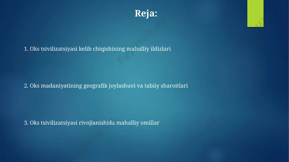 iladan – “ulug’”, “o’rta” va “kichik” qabilalardan tashkil topgan bo'lib, har birining o'z rahbarlari – “xon”lari mavjud edi. taxminan 1000 yil avval oks siyosiy tuzumida "yig'in" deb ataluvchi kengash tizimi joriy etilgan bo'lib, u muhim qarorlarni qabul qilishda ishtirok etgan. oks madaniy merosining o'rganilishi oks madaniy merosi bo'yicha 50 dan ortiq arxeologik qazish ishlari o'tkazilib, minglab artefaktlar, shu jumladan, sopol buyumlar va metall buyumlar topilgan. oks madaniyati bilan bog'liq 3 ta yirik qabriston kompleksining topografik xaritasi tuzilgan bo'lib, ularning maydoni 10 gektardan oshadi. oks aholi punktlarining xususiyatlari oks madaniyatiga mansub aholi punktlarida, arxeologik qazishmalar natijasida 500 dan ortiq kulolchilik buyumlari, 100 dan ortiq metall buyumlar va turli xil qurollar topilgan boʻlib, ularning hayot tarzi haqida maʼlumot beradi. aholi punktlarining meʼmoriy tuzilmasi, xom gʻishtdan qurilgan, 1-2 qavatli uy-joylar va markaziy maydon yoki ibodatxonalardan iborat boʻlib, ijtimoiy iyerarxiyani aks ettiradi. oks tsivilizatsiyasining geografik joylashuvi oks madaniyatining geografik chegaralari, taxminan miloddan avvalgi 2000-1500 …