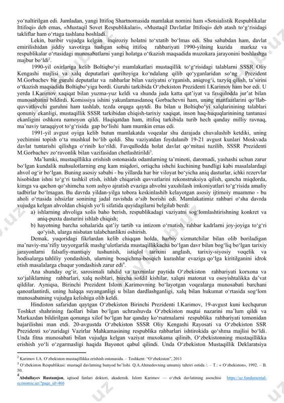 shakllana boshladi. i.karimov xalq hohish-irodasini bajarib, o‘zbek tiliga davlat tili maqomini berish ishiga boshchilik qildi. 1989-yil 21-oktyabrda respublika oliy kengashida o‘zbekistonning davlat tili haqida qonuni qabul qilindi. respublikadagi barcha rasmiy xujjatlar o‘zbek tilida yuritiladigan bo‘ldi. ushbu qonunning qabul qilinishi mamlakatimizning mustaqillik sari tashlagan birinchi qadami bo‘ldi . 90-yillarning boshlariga kelib o‘zbekistonda xalqning mustaqillikka erishishidan iborat azaliy orzusini amalga oshirish bosh masala bo‘lib qoldi. 80-yillar oxiriga kelib, sobiq mamlakatda xalq xo‘jaligini bozor iqtisodiyotiga o‘tkazishni hayotning o‘zi kun tartibiga qo‘ya boshladi va uning huquqiy asoslarini yaratishni zaruratga aylantirdi. shunday bo‘lsa-da, 1990-1991-yillarda iqtisodiyot orqaga qarab keta boshladi va xalqning turmush tarzi, sharoiti yomonlasha bordi. mamlakat ijtimoiy-iqtisodiy jihatdan tanazzulga yuz tuta boshladi. mutaxassislar ana shunday tisarilish hodisasini mamlakat ijtimoiy-siyosiy hayotiga uchta yo‘nalishdagi kuchlar manfaatlari to‘qnashgani bilan izohlaydilar. jumladan: birinchi kuchlar - n.rijkov va v.pavlov dasturi tarafdorlari. ular sobiq sssrni saqlab qolish, xalq xo‘jaligini markazdan boshqarish, huquqni ko‘proq markazda to‘plash niyatida edilar. ular iqti​sodiyotni rivojlantirishda …