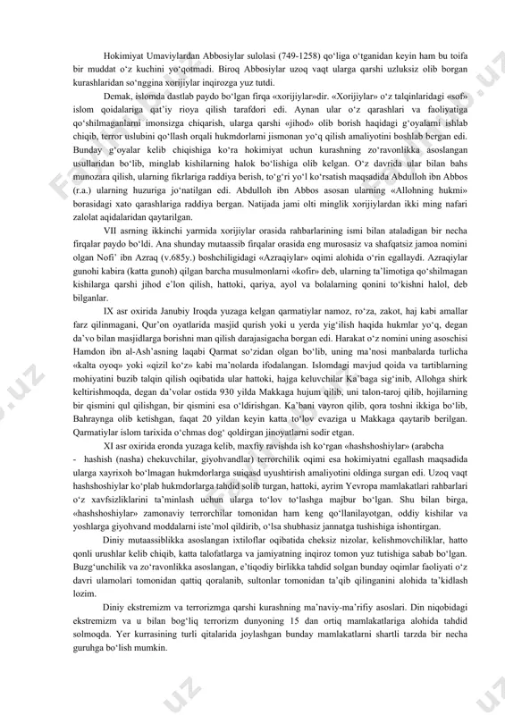 d ularni amalga oshirish tahdidi, shuningdek, terrorchilik tashkilotining mavjud bo‘lishini, ishlab turishini, moliyalashtirilishni ta’minlashga, terrorchilik harakatlarini tayyorlash va sodir etishga, terrorchilik tashkilotlariga yoxud terrorchilik faoliyatiga ko‘maklashayotgan yoki bunday faoliyatda ishtirok etayotgan shaxslarga bevosita yoki bilvosita har qanday mablag‘-vositalar va resurslar berish yoki yig‘ishga, boshqa xizmatlar ko‘rsatishga qaratilgan faoliyat». yuqorida keltirilgan ta’riflarda terrorizmning nihoyatda muhim bir xususiyati - uning muayyan siyosiy maqsad yoki amaliy natijalariga emas, balki u yoki bu xuruj natijasida odamlar orasida, ijtimoiy fikrda yuzaga keladigan xavotirli aks-sado, shov-shuvga erishishga qaratilgani ta’kidlangan. xx asrning 60-yillaridan boshlab, terrorizmning mojarolarni keltirib chiqaruvchi hodisa sifatidagi salohiyati, butun-butun mintaqalar yo‘nalishi turlicha bo‘lgan terrorchi tashkilotlar va guruhlar faoliyat ko‘rsatgan joylarga aylanib qoldi. buning natijasida, terrorchilik harakatining ko‘lamigina emas, balki metodlari ham o‘zgardi. uning eng dahshatli ko‘rinishlaridan biri - o‘zini avvaldan o‘limga tayyorlagan terrorchi-kamikadzelar tomonidan amalga oshirilayotgan harakatlarni keltirish mumkin. musulmon mamlakatlarida terrorchi uyushmalar ommaviy bo‘la olmagani uchun aholining keng qatlamlari nomidan harakat qilish taassurotini …