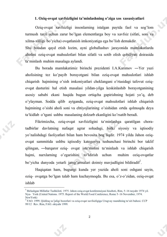 tashkiloti. 1975. jahon oziq-ovqat konferensiyasi hisoboti, rim, 5–16 noyabr 1974 yil. nyu- york (united nations. 1975. report of the world food conference, rome 5–16 november, 1974. newyork) 2 fao. 1999. qishloq xo’jaligi bozorlari va oziq-ovqat xavfsizligiga urugvay raundining ta‘siri bahosi. ccp 99/12 rev. rim, fao. oktyabr 1999. chiqaruvchi korxonalarning ko’payishiga sabab bo’ladi. ana shunday vaziyatda sifatsiz hamda inson sog’lig’iga xavf soluvchi oziq-ovqat mahsulotlari ishlab chiqarish yoki yetishtirish avj olishi ehtimoldan xoli emas 3. mamlakatimizda ushbu sohada keng ko’lamli ishlar istiqlolning ilk kunlaridanoq amalga oshirildi. xususan, 1997 yil ―oziq-ovqat mahsulotining sifati va xavfsizligi to’g’risida‖gi qonunning qabul qilinishi buning yaqqol misolidir. zotan, oziq-ovqat xavfsizligi sifatining xavfsizligi va uning ta‘minlanganlik darajasi, zaxiralarning mavjud bo’lishi kabi omillar orqali umumiy oziq-ovqat barqarorligi ta‘minlanadi. ya‘ni oziq-ovqatning inson salomatligiga bo’lgan salbiy ta‘sirini tartibga solish borasidagi tadbirlar birinchi navbatdagi masala bo’lsa, ikkinchidan, oziq-ovqat yuzasidan boshqa mamlakatlarga qaram bo’lishning oldini olishdir. davlat darajasida oziq-ovqat xavfsizligiga erishish uchun mamlakat zarur …