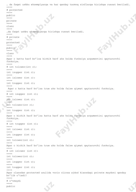 a mos ravishda boshqarishni uzatishda ishlatiluvchi operator qaysi? ==== # tanlash operatori ==== sikl operatori ==== o’tish operatori ==== shart operatori ++++ avvaldan mavjud klassdan voris olish qaysi javobda to’g’ri ko’rsatilgan? ==== # class fazo:public nuqta ==== class inson.public talaba ==== class;protected fan ==== class fan::public dasturlash() ++++ belgili tipdagi ma'lumotlarni qabul qilib, butun tipdagi ma'lumot qaytaruvchi funksiyani toping? ==== # int son(char a ); ==== string son(int a ); ==== char son(int a ); ==== float son(char a ); ++++ belgili tipli o’zgaruvchilar qaysi xizmatchi so’z bilan elon qilinadi? ==== # char ==== int ==== string ==== bool ++++ belgili tipni qabul qiluvchi o’zgaruvchilarni e’lon qilish uchun qaysi xizmatchi so’zidan foydalanish mumkin? ==== #char ==== void ==== bool ==== int ++++ bevosita rekursiv funksiya nima ish bajaradi? ==== #o’ziga -o’zi murojat qiladi ==== o’zidan keyingisiga murojat qiladi ==== ish bajarmaydi ==== bir xil nomli boshqa funksiyaga murojat qiladi ++++ …