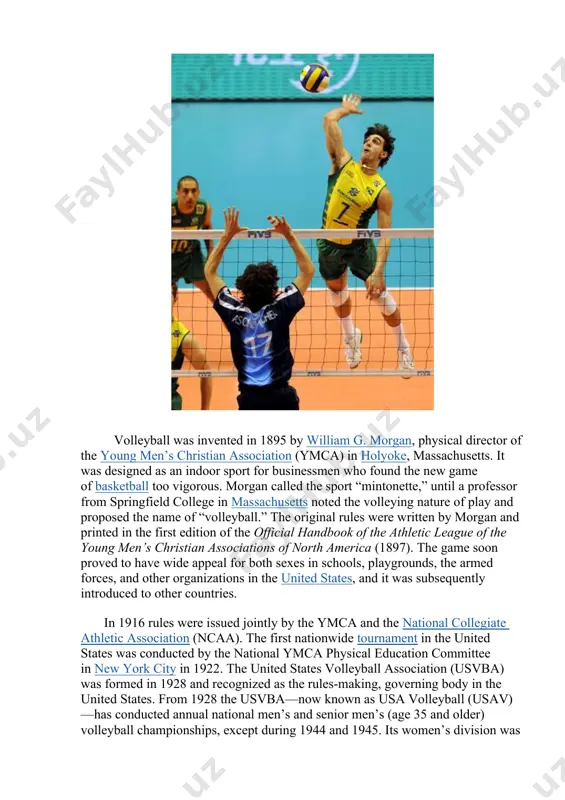 as designed as an indoor sport for businessmen who found the new game of basketball too vigorous. morgan called the sport “mintonette,” until a professor from springfield college in massachusetts noted the volleying nature of play and proposed the name of “volleyball.” the original rules were written by morgan and printed in the first edition of the official handbook of the athletic league of the young men’s christian associations of north america (1897). the game soon proved to have wide appeal for both sexes in schools, playgrounds, the armed forces, and other organizations in the united states, and it was subsequently introduced to other countries. in 1916 rules were issued jointly by the ymca and the national collegiate athletic association (ncaa). the first nationwide tournament in the united states was conducted by the national ymca physical education committee in new york city in 1922. the united states volleyball association (usvba) …
