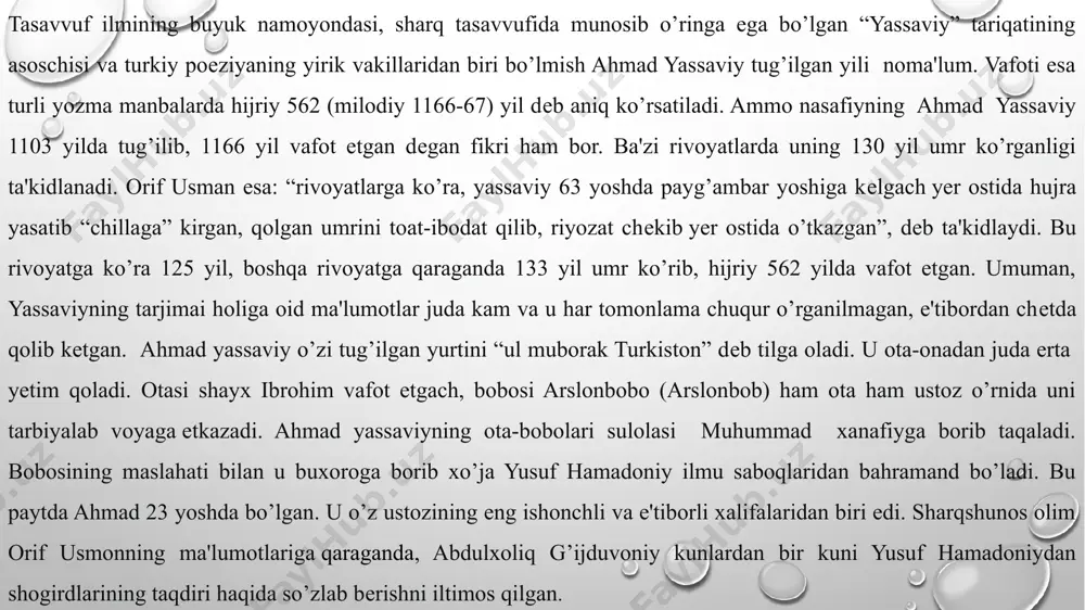 sango yetaro. adibning shuhrati vafotidan keyin ham pasaymagan. amir temur unga alohida eʼtiqod bilan qaragani maʼlum. u 1395–1397-yillarda turkistonda ahmad yassaviyning eski qabri oʻrnida yangidan muhtasham maqbara qurdirgan. bu maqbara hozir ham bor. shuningdek, janglarga borishdan oldin yassaviy qabrini ziyorat qilgani haqida maʼlumotlar ham mavjud. “hikmat”lar ahmad yassaviy merosini jamlagan asardir. ularda 240 ga yaqin sheʼr bor. asar xalq orasida “devoni hikmat” nomi bilan mashhur boʻlgan. hikmatlarga “qul xoja ahmad”, “xoja ahmad yassaviy”, “ahmad ibn ibrohim”, “sulton xoja ahmad yassaviy”, “yassaviy miskin ahmad”, “miskin yassaviy”, “xoja ahmad”, “ahmad”, “ahmadiy”, “qul ahmad”, “miskin ahmad” kabi taxalluslar qoʻyilgan. alisher navoiy yassaviy toʻgʻrisida “maqomoti oliy va mashhur, karomoti mutavoliy va nomahsur ermish. murid va asʼhob gʻoyatsiz va shohu gado aning irodat va ixlosi ostonida nihoyatsiz ermish”, — deydi. bu fikr yassaviyning yassiga qaytib kelib, yangi bir tariqatga asos solgan murshid sifatida shuhrat topgan davrlariga tegishlidir. yassaviy turkiy xalqlarni islomga yanada kengroq jalb qilish …