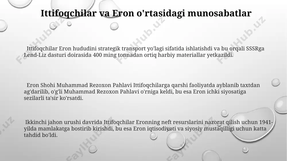 tlari tufayli ishsiz qoldi, bu esa ijtimoiy-iqtisodiy muammolarni keltirib chiqardi. xulosa 1941-yilda sovet ittifoqi va buyuk britaniyaning eronni bosib olishi natijasida shoh reza pahlavi taxtdan ag'darilib, o'g'li muhammad reza pahlavi hokimiyat tepasiga keldi. eron neft konlari germaniya va ittifoqdoshlar o'rtasidagi strategik raqobatning asosiy manbai bo'lib, ular ustidan nazorat urushning borishiga sezilarli ta'sir ko'rsatgan. ikkinchi jahon urushi davrida eron hududi orqali taxminan 1 million 500 mingdan ortiq ittifoqdosh askarlari o'tgan, bu esa mamlakat infratuzilmasiga katta yuk tushganini ko'rsatadi. eronning ikkinchi jahon urushidagi oqibatlari ikkinchi jahon urushi davrida eron iqtisodiyoti 50% ga yaqin pasaygan, inflyatsiya esa juda yuqori bo'lib, aholining katta qismi qashshoqlikka yuz tutgan. urushdan keyin eron siyosiy beqarorlikka duch keldi, 1940-yillar oxirida milliy hukumatning zaifligi tufayli ingliz va sovet qo'shinlari mamlakatdan chiqib ketishga shoshib qolmadi. urush yillarida eron hududidan sovet ittifoqi va ittifoqdoshlar armiyasi o'tib, bu milliy infrastrukturaga jiddiy zarar yetkazgan va keng ko'lamli vayronagarchiliklarga sabab bo'lgan. madaniy hayot va …
