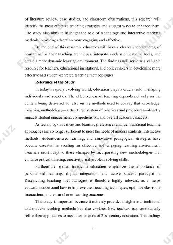 learning environments. objectives of the study analyze the concept of teaching methodology – define teaching methodology and explore its significance in the educational process. examine different teaching methods – identify and classify traditional, modern, and innovative teaching methods. assess the effectiveness of teaching strategies – evaluate how different methods influence student engagement, understanding, and academic performance. explore the role of technology in teaching – investigate the impact of digital tools, interactive learning, and online education on modern teaching practices. study student-centered approaches – analyze methodologies that emphasize active learning, critical thinking, and creativity. research object and subject research object the object of this study is the teaching and learning process in educational institutions. this includes the methods, strategies, and techniques used by teachers to deliver knowledge effectively and facilitate student learning. research subject the subject of this study is teaching methodologies, specifically the different approaches and practices teachers use to …