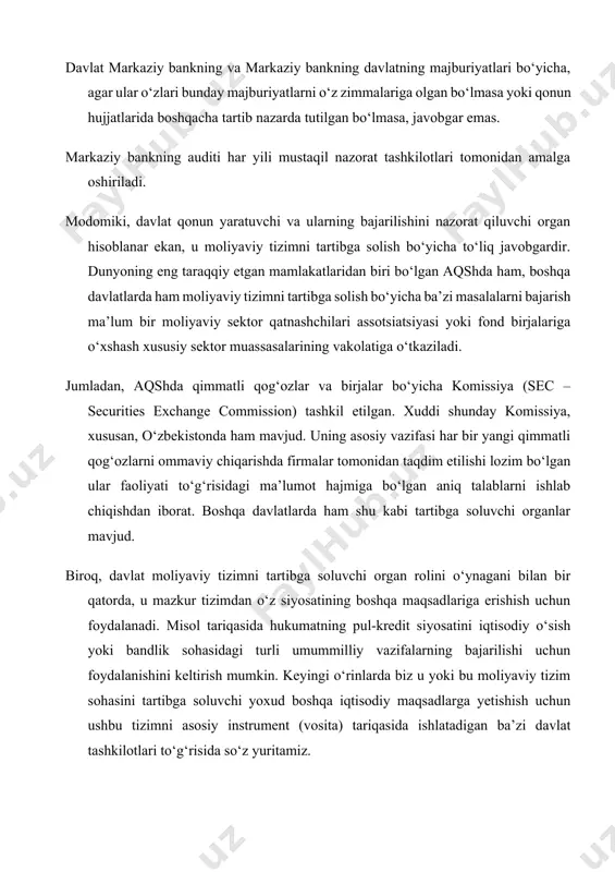rinchi bo‘lib navbatga turishga va imkon qadar tezroq o‘z pullarini qaytarib olishga urinishadi. bu kabi holat bankni o‘z riskli aktivlarining bir qismini pulga sotishga majbur qiladi. agar omonatlarni ta’minlovchi aktivlar nolikvid bo‘lsa, ularni tezroq sotish zaruriyati bankka bu aktivlarni o‘z narxidan past narxlarda sotishga to‘g‘ri kelishini bildiradi. agar qaysidir bankda omonatchilar bilan hisob-kitob qilish uchun mablag‘ yetishmasa, “yuqtirish riski” paydo bo‘ladi va yuqorida keltirilgan holat boshqa muassasalarda ham takrorlanishi mumkin. biroq “yuqtirish” muammosi “naqdga yopishish” deb ataladigan holatda, ya’ni odamlar hech bir bankda omonatlarini qoldirmasdan, ularni naqd pul ko‘rinishida ushlab turishga harakat qilishgan taqdirda umumiy moliyaviy tizimga xavf solishi mumkin. 3. mintaqaviy va butundunyoviy moliyaviy tashkilotlar xalqaro valyuta-kredit va moliya munosabatlarining institutsional tuzilishi o‘ziga ko‘plab xalqaro tashkilotlarni qamrab oladi. ulardan ba’zilari ko‘pgina vakolatlarga hamda yuqori miqdordagi moliyaviy resurslarga ega bo‘lgan holda xalqaro valyuta-kredit va moliya munosabatlarini tartibga solishni amalga oshiradi. boshqalari esa, hukumatlararo muhokama etish uchun forumlar tashkil etish hamda …