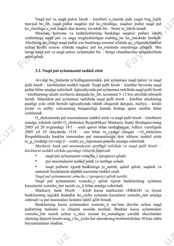nalish, tovar – pul munosabatlarining aks etishiga ko‗ra, tovarli pul oboroti va tovarsiz pul oborotlari ko‗rinishida namoyon bo‗ladi. pul aylanmasi tarkibida naqd pulli yoki naqd pulsiz hisob – kitoblar hajmining past yoki yuqori ekanligi qator omillar bilan izohlanadi. xususan, ular quyidagilardan iborat: 1. mamlakatning ijtimoiy – iqtisodiy rivojlanish holati, aholining ma‘naviy, iqtisodiy va huquqiy ongi; 1. milliy iqtisodiyotni boshqarish tartibi va rivojlanganlik darajasi; 1. mamlakat bank tizimining rivojlanganlik darajasi va unga aholi ishonchining mustahkamligi; –real sektorning rivojlanganligi va iqtisodiyotning raqobatbardoshligi; 1. markaziy bankning pul – kredit siyosatini amalga oshirish bo‗yicha mustaqilligining ta‘minlanganlik darajasi. naqd pul va naqd pulsiz hisob – kitoblari o‗rtasida juda yaqin bog‗liqlik mavjud bo‗lib, naqd pullar naqdsiz pul ko‗rinishiga, naqdsiz pullar naqd pul ko‗rinishiga o‗tish orqali ular doimiy ravishda bir – birini to‗ldirib turadi. masalan, korxona va tashkilotlarning bankdagi naqdsiz pullari ishchi xodimlarga naqd pul va unga tenglashtirilgan mablag‗lar ko‗rinishida beriladi. aholining qo‗lidagi naqd pullar esa banklarga …