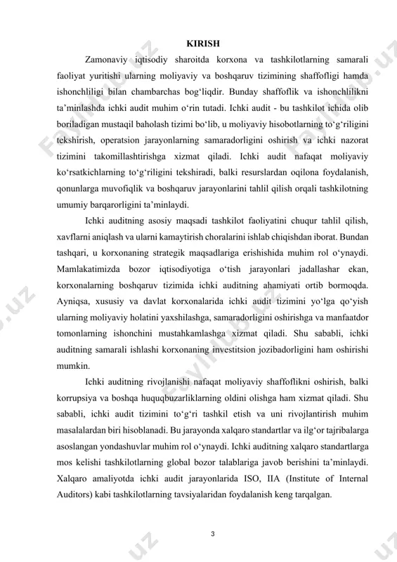 o‘yicha misollar keltiriladi. shuningdek, ichki audit tizimini joriy qilishda duch kelinadigan muammolar va ularni hal qilish yo‘llari ham ko‘rib chiqiladi. mazkur tadqiqot ichki auditning ahamiyatini yanada chuqurroq anglash va uni takomillashtirish yo‘nalishida muhim ilmiy-amaliy natijalarga erishish imkonini beradi. ichki auditning vazifasi – xo‘jalik yurituvchi subyektlarda moliyaviy hisobotlar tuzilgunga qadar mavjud xato va kamchiliklarni aniqlash hamda ularni bartaraf etish bo‘yicha ko‘rsatmalar berishga asoslanadi. shunday ekan, har qanday xo‘jalik yurituvchi subyektlar o‘z xato va kamchiliklarini ichki audit xizmatlari orqali ko‘ra olishlari va tuzatishlari maqsadga muvofiqdir. bu esa, xo‘jalik yurituvchi subyektlar faoliyatini takomillashtirish va samaradorligini oshirishga olib keladi. fanning vazifalari quyidagilar hisoblanadi: ichki auditni tashkil qilish va o‘tkazishning ilmiy asoslarini o‘rganish, ichki audit xizmati xodimlari oldiga qo‘yilishi mumkin bo‘lgan savollar (masalalar) doirasini aniqlash, buxgalteriya hujjatlarini baholash mezonlarini ishlab chiqish, shuningdek, hujjatlar - iqtisodiy axborotlarni tashuvchilar bilan ishlash usulini o‘rganish hisoblanadi. ichki audit tashkilot ichidagi mustaqil va ob'ektiv funksiya bo'lib, uning asosiy maqsadi tashkilotning …