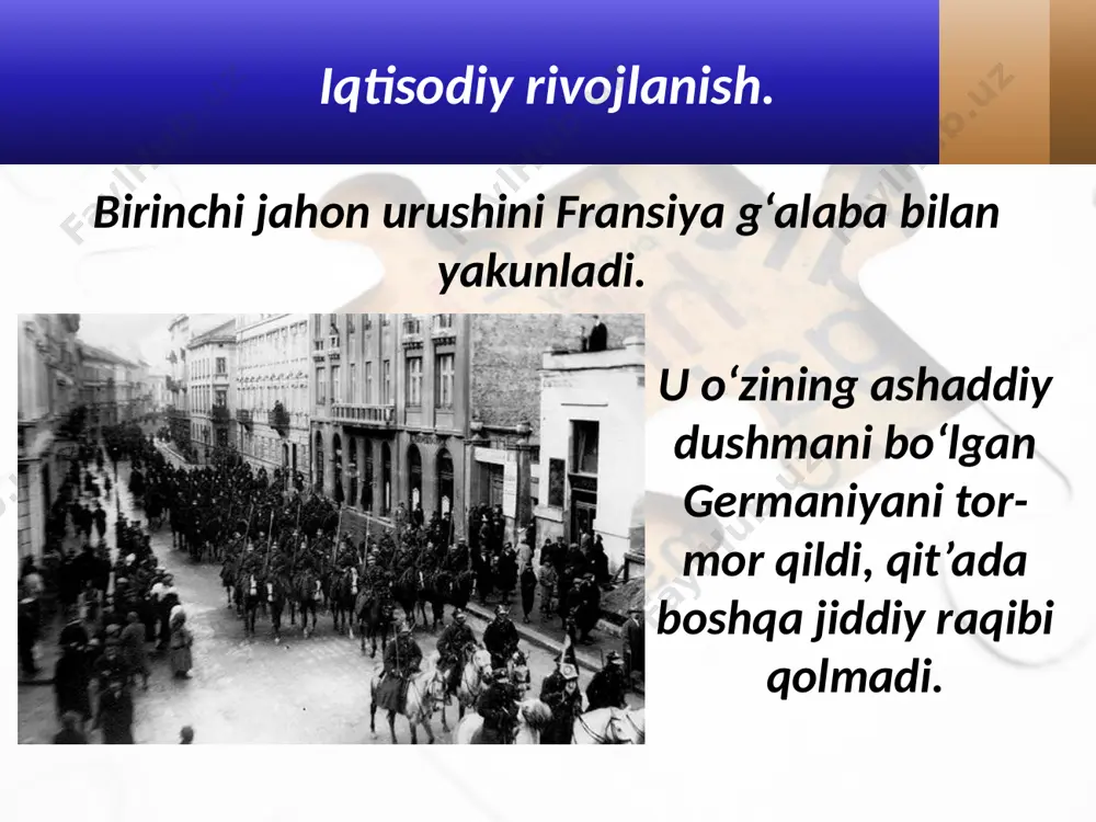 aytda huku mat ara lash maslik siyosatini olib bordi. versal shartnomasi shartlarining bajarilishi uchun kurash fransiya tashqi siyosatida markaziy o‘rinni egallaydi. tashqi siyosat. versal shartnomasi imzolanishi 1938-yil kuzida eduard dalad’e hukumati buyuk britaniya bilan birga chexoslovakiyani fashistik germaniyaga topshirgan myunxen kelishuvini ma’qulladi. eduard dalad’e. amalda myunxen kelishuvi yangi jahon urushiga yo‘l ochib berdi. bu urushning birinchi qurbonlaridan biri fransiyaning o‘zi bo‘ldi. 1940-yil 14-iyun kuni nemis qo‘shinlari parijga kirib keldi. myunxen kelishuvi savol va topshiriqlar 1. birinchi jahon urushi fransiya uchun qanday natijalarga olib keldi? 2. 1929 – 1933-yillardagi jahon iqtisodiy inqirozining fransiyaga ta’siri haqida gapirib bering. 3. 1929 – 1933-yillardagi jahon iqtisodiy inqirozi fransiya iqtisodi va siyosiy kuchlar muvozanatiga qanday ta’sir ko‘rsatdi? 4. jahon urushlari orasida fransiya tashqi siyosatining aso si nimadan iborat edi? 5. o‘nglar yetakchisi pyer laval bayonoti nimadan iborat edi? image2.jpg image3.jpeg image4.jpeg image5.jpeg image6.jpeg image7.jpeg image8.jpeg image9.jpeg image10.jpeg image11.jpg image12.emf image13.jpeg image14.jpeg image15.emf image16.jpeg image17.emf image18.jpeg …