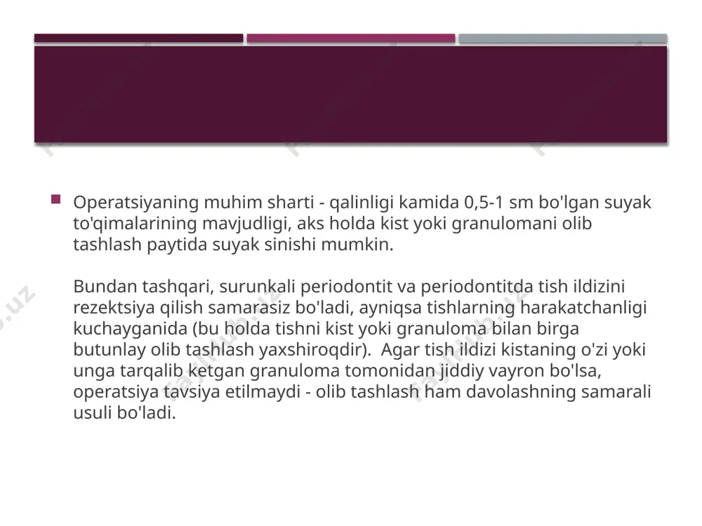 o'tib ketadigan asosiy asoratlar orasida sinusit yoki burun oqishi, o'simta pastki jag'da olib tashlangan bo'lsa, yaqin atrofdagi nervlarning shikastlanishi mavjud. operatsiyadan keyingi bir hafta ichida infektsiya va davolanishdan keyin tanani tiklash uchun antibiotiklar va vitaminlar talab qilinadi. rezektsiya operatsiyasini ko'pchilik mutaxassislar amalga oshirmaydilar, chunki bu juda mashaqqatli va kardinal kabi murakkab emas - axir, nafaqat kist yoki granuloma, balki tishning bir qismi ham olib tashlanadi. ammo siz operatsiyadan qo'rqmasligingiz kerak - bu sohada katta tajribaga ega bo'lgan tajribali mutaxassislar rezektsiyani amalga oshiradilar. etiboringiz uchun rahmat !!!! image1.jpeg image2.jpeg image3.jpeg image4.jpeg image5.jpeg image6.jpeg image7.jpeg /docprops/thumbnail.jpeg