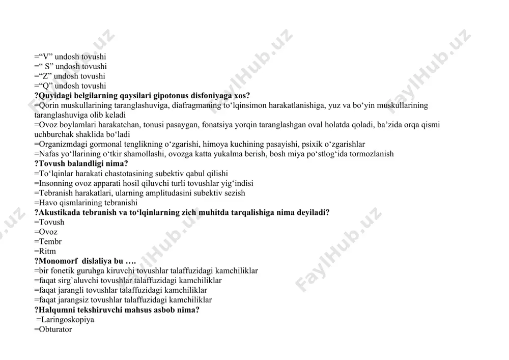 va tо‘lqinlarning zich muhitda tarqalishiga nima deyiladi? =tovush =ovoz =tembr =ritm ?monomorf dislaliya bu …. =bir fonetik guruhga kiruvchi tovushlar talaffuzidagi kamchiliklar =faqat sirg`aluvchi tovushlar talaffuzidagi kamchiliklar =faqat jarangli tovushlar talaffuzidagi kamchiliklar =faqat jarangsiz tovushlar talaffuzidagi kamchiliklar ?halqumni tekshiruvchi mahsus asbob nima? =laringoskopiya =obturator =rifoniya =fonosteniya ?labdagi yoriqlikni bartaraf etish maqsadida qinadigan plastik operatsiya nima deb ataladi? =xeyloplastika =uranoplastika =assimetriya =obturator ?dislaliya terminini birinchi bо‘lib kim ilmiy muomalaga kiritgan? =i. frank =r. shultes =trusso =kusmaul ?bolalar logopediyasiga kim asos solgan? =r.i.levina; =p.k.apoxin; =s.vigotskiy; =a.kussmaul; ?periferik nutq apparati necha qismdan iborat? =3 ta qismdan iborat; =2 ta qismdan iborat; =5 ta qismdan iborat; =tо‘g‘ri javob yо‘q; ?ye.s.almazova ovozni tiklash buyicha logopedik mashg‘ulotlar kursini necha bosqichga ajratadi? =2 ta; =3ta; =4 ta; =5 ta; ?beys rinolaliklar bilan ishlash jarayonida qanday gapirishning qanday turini taqlif etadi? =shivirlab gapirishni ; =baland ovozda gapirishni; =ovozsiz gapirishni; =urta balandlikdagi ovozda gapirishni ?lab yoriqliklari ko'proq chap tomonda …