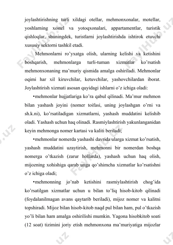 ozlanadi. mehmonxona nomeri ko’p funksiyali ahamiyatga ega bo’lib, u mijozning tunashi, dam olishi, ovqatlanishi, yuvinishi, ishlashi, muloqot qilishini ta’minlaydi. nomerda mehmonning shaxsiy buyumlari saqlanadi. nomerlar o’rinlar soni, xonalar soni, maydoni, jihozlanishiga qarab tasniflanadi. mehmonxona nomeri – bu joylashtirish xizmatining asosiy elementi, mehmonlarga dam olish, uxlash, ishlash imkoniyatini yaratuvchi ko’p funksionalli joy hisoblanadi. nomerlar jahon amaliyotida quyidagi turlarga ajratiladi: · bir xonali nomer – bitta kishi uchun mo’jallangan yotoq. · ikki kishilik nomer – ikki kishilik, ko’pincha oilalilar uchun bazan bir kishi uchun mo’ljallangan joy. · tvin – bu ikki kishi uchun ikkita alohida kravatdan iborat, oila a’zolari va guruhlar uchun mo’ljallangan joy. · ko’p o’rinli nomer – uch yoki undan ko’p inson, asosan bitta guruh uchun mo’ljallangan nomer. · oilaviy nomer – oila a’zolari, ota-ona va farzandlar uchun yoki farzandlarning (tarbiyachi, bobo-buvisi) bilan turishiga mo’ljallangan nomer. · dormitori – bu kravatlar soniga qarab yashovchilarni qabul qiluvchi ko’p o’rinli nomer bo’lib, …
