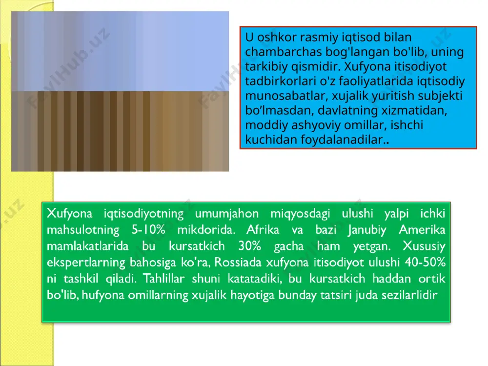 arajatlarning ma’lum texnologik koeffitsentlari asosida mahsulot ishlab chiqarishning real hajmi haqidagi ma’umotlarni olish imkonini beradi masalan, iste’mol qilinadigan elektr energiyasining dinamikasi va deklaratsiya qilinadigan mahsulot ishlab chiqarish dinamikasi to’g’risidagi ma’lumoylar taqqoslanadi texnologik koeffitsentlar usuli uy xo’jaliklari va korxonalar rahbarlari o’rtasida so’rov o’tkazish ; u xufyona iqtisodiyotning o’lchamiga eksport baxolarini beradi sotsiologik usul u xufyona bitimlar amalga oshiriladigan alohida me’yorlarni, ularning jamiyatda tarqanlganligi, bitimlarni tuzishda qanchalik qo’lanilishini taxlil qilishdan iborat 3. xufyona bozor institutsional tizim sifatida xufyona sektor bilan bog’liq eng katta havf-xatar – bu bozor konistitutsiyasidan keskin farq qiluvchi xatti-harakatlar va bitimlar tuzishning alohida me’yorlari shakilanishidir mulkchilik huquqlarini tafsirlash va himoyalash bo’yicha davlatga muqobil institut sifatida mafiya haqida dastlabgi tilga olinishi feodalizmdan mayda va o’rta yer mulkchiligiga o’tishning aynan shu pallasiga taalluqli. xufyona me’yorlarning asosida ularning amal qilish hududiy jihatdan va shaxslarning ma’lum doirasi tomonidan chegaralangan ijtimoiy mexanizmlar yotadi – qonunga bo’ysinish me’yorlarining mavjud emasligi, me’yorlarning ijtimoiy mansubligidan qat’i nazar …