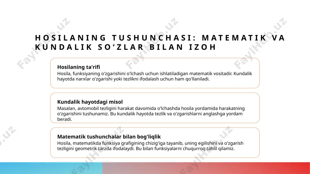 g kuchlanishi yoki kuchlar o'zgarishini modellashda, texnologik jarayonlarni nazorat qilishda keng qo‘llaniladi. hosila jadvali mavzuni umumlashtirish va o‘quvchilarning tushunchalarini mustahkamlash uchun savollar. 1 asosiy tushunchalarni takrorlash - derivativalar va ularning amaliy qo‘llanmalari asosiy tushunchalarni bilishni talab qiladi, masalan, funksiyaning o‘zgarish sur'atini aniqlash va tushunish muhimdir. 2 qiyinchiliklarni hal qilish - o‘quvchilar hosila olish qoidalarini va formulalarni amaliy misollar yordamida mustahkamlash orqali murakkab masalalarni yechishda ishonch hosil qiladilar. 3 amaliy misollar bilan mustahkamlash - fizikada hosilalardan foydalanish misollarini ko‘rib chiqish, nazariy bilimlarni kundalik hayotda qo‘llash imkoniyatlarini oshiradi. xulosa 1 hosila va uning amaliy ahamiyati - hosila matematik va kundalik muammolarni hal qilishda muhim vositadir. narxlar, tezlik va iqtisodiy jarayonlarni tahlil qilishda keng qo’llaniladi. 2 hosilalarni hisoblash va tahlil qilish - hosilalarni algebraik va geometrik usullar yordamida topamiz. bu jarayon fizik va iqtisodiy modellarni aniqlash hamda qaror qabul qilishda muhim rol o’ynaydi. 3 kundalik hayotda hosila va funksiyalar - kundalik hayotda narx …