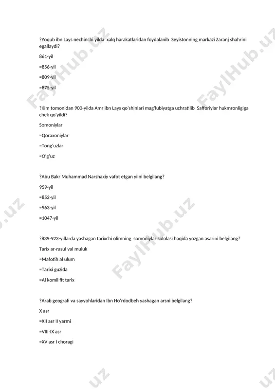 =uchar omma =bahodir, bek =osmon og’li ?qoraxoniylardan birinchi bo‘lib islomni qabul qilgan va musulmoncha abdulkarim degan nom olgan xon berilgan qatorni belgilang? horun bug’raxon =muso =ali arslonxon =qorachahojib ?992-993 yillarda horun bug’raxon tomonidan egallangan hududlarni belgilang? samarqand, buxoro =sayram,isfijob =hirot,g’azna =farg’ona,yettisuv ?ochiqdan-ochiq qoraxoniylarga yon bosib kelgan hirot hokimini belgilang? abu ali simjuriy =foyiq =horun bug’raxon =a’zam malik ?qoraxoniylarda hukmdor qanday atalgan? qoraxon =bek =sulton =shahanshox ?qoraxoniylar davlat boshqaruviga ko’ra mahalliy hokimlar nima deb atalgan? elekxon =vazir =qabug’boshi =yurg’ush ?horun bug‘raxon vafotidan so‘ng ulug‘ xon (qoraxon) lavozimini kim egallaydi? ali ibn muso =abu ali smjuriy =ali arslonxon =nasr ilekxon ?nasr ilekxon 999-yili qaysi hududni egallaydi? buxoro =samarqand =farg’ona =yorkent ?somoniylarning tarix sanasidan tushib ketgan sanasini belgilang? 1005-yili =1452-yili =989-yili =1000-yili ?qoraxoniylar movarounnahrda qancha muddat hukmronlik o’rnatdilar? 200 yil =145 yil =245 yil =hukmronlik o’rnatishmagan ?1008-yili nasr ilekxon xurosonga yurish qilgach, mahmud g’aznaviy qarshi hujumga 500 ga yaqin jang o’rgatilgan qanday hayvondan …
