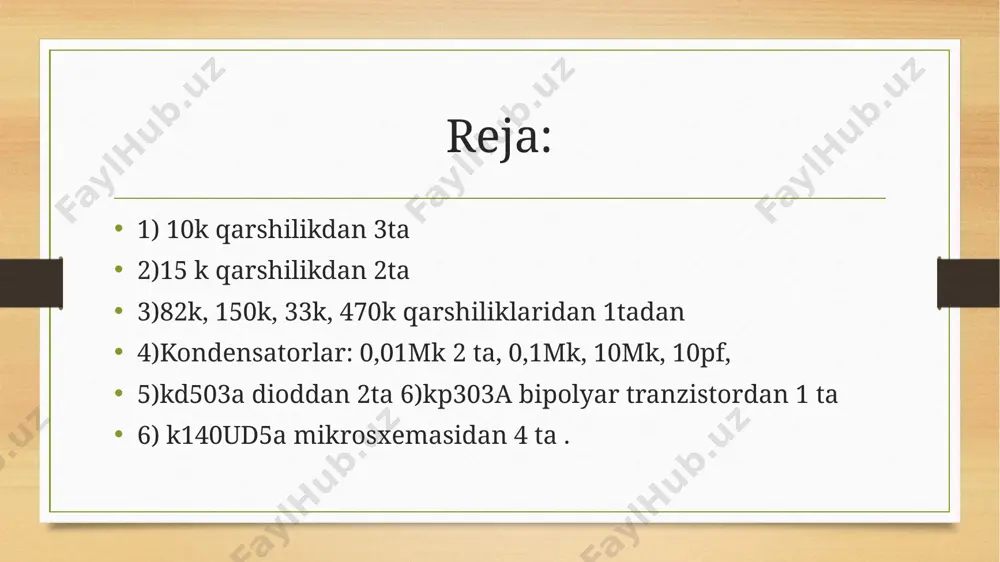 ish, radioqabul qilish va televizion qurilmalarda, oʻlchov texnikasida, turli texnologik jarayonlarda, fan va texnikaning turli sohalarida qoʻllaniladi. ular yordamida koʻplab elektrotexnika va radioelektronika qurilmalari. image5.png image6.png image7.jpg image8.jpg image9.jpg image3.png image4.png
