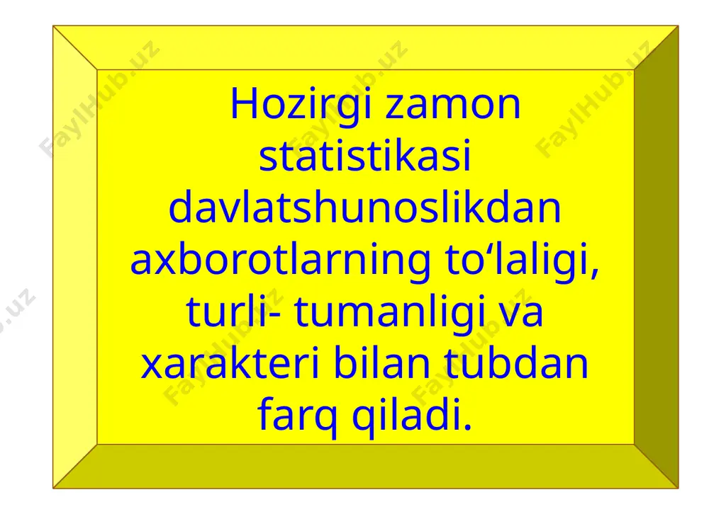 lar bilan bo‘ladigan munosabatlarini, ular faoliyatida korxonalarning qatnashish darajasini ifodalovchi ko‘rsatkichlarni ishlab chiqarish; - mamlakat axolisining soni va tarkibini, axolining takror ishlab chiqarilishini aks ettiruvchi asosiy ko‘rsatkichlarni, sog‘lomlik darajasi, umr uzunligi, sog‘lom avlodning yuzaga kelishi va shu singari demografik ko‘rsatkichlarni aniqlash; - iqtisodiy resurslar, ularning tarkibi va dinamikasi, tarmoqlar va soxalar bo‘yicha taqsimlanishi, ulardan samarali foydalanish natijalarini aniqlash; - iqtisodiy jarayonlarning asosiy yakunlari, mahsulot jami va tarkibi, iqtisodiy o‘sish darajasi, iste’mol va jamg‘arish, iqtisodiyot tarmoqlari va sektorlari orasidagi nisbatni o‘rganish; - daromadlarning hosil qilinishi, taqsimlanishi va qayta taqsimlanishi, ulardan foydalanish; -ijtimoiy sohaning rivojlanishi, xalq ta’limi va sog‘liqni saqlash, iqtisodiy o‘sish bilan ijtimoiy rivojlanish oralig‘idagi bog‘lanishni o‘rganish; - uy - joy kommunal xo‘jaligi va xizmatlar, turar joy fondlari, axolining uy - joy bilan ta’minlanganlik darajasi, kommunal xizmatlar va yaratilgan qulayliklarni o‘rganish; - investitsiya jarayoni, uning hajmi va tarkibi, moliyalashtirish manbai va uning samaradorligini o‘rganish; - moliyaviy operatsiyalar, muomaladagi naqd pul miqdori, …