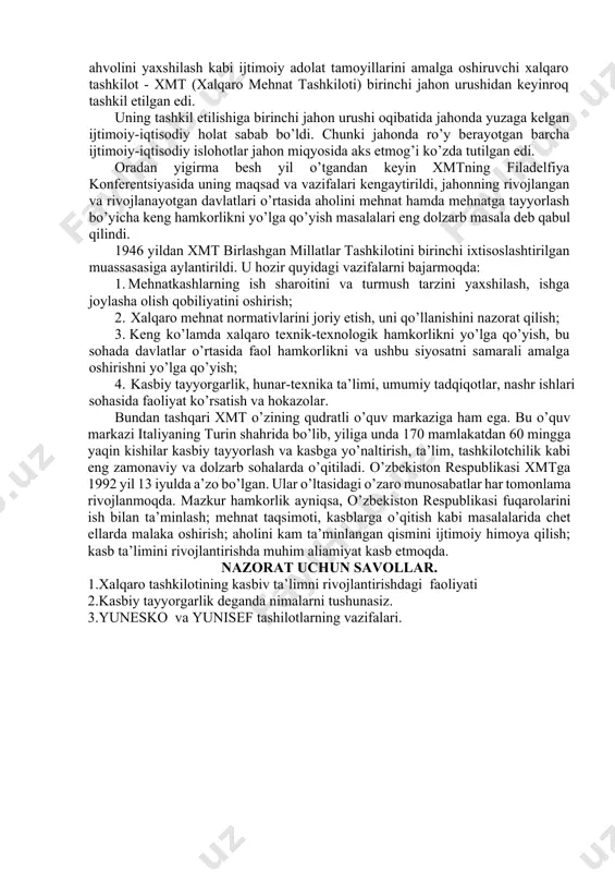 o’laligicha saqlab qolindi. 1960 yillardan boshlab yunisef bolalar manfaatini global himoya qiluvchi zabardast organga aylandi. 1965 yilda yunisefning nobel mukofotiga sazovor bo’lishi xalqaro bolalar hayotida naqadar xayriya va saxovat manbai bo’lib shakllanganligining to’la e’tirof etilishi bo’ldi. hozirgi davrda ham yunisef bolalar manfaatini himoya qilishga, ularni sog’lom, o’qimishli bo’lib o’sishlariga ko’maklashish, bolalar o’limining oldini olish, ommaviy qirg’in keltiruvchi va boshqa xavfli kasalliklardan muhofaza qilish, onalik va bolalikni himoya qilish, loaqal qizlar hamda o’g’il bolalarga bepul boshlang’ich ma’lumot berish, ular farovonligini ta’minlash ishlariga asosiy e’tiborni qaratmoqda. o’zbekiston respublikasi o’z mustaqilligini qo’lga kiritgach, bu sahovatli tashkilot bizning mamlakatimizda ham insonparvarlik faoliyatini boshlab yubordi. uning respublikamizdagi faoliyatining asosiy yo’nalishlari onalik va bolalikni himoya qilish, ularga zarur tibbiy yordam ko’rsatish, to’laqonli ta’lim berish, turmush sharoitini yaxshilash, ijtimoiy himoya qilishdan iboratdir. shuningdek yunisef respublikamizda onalar va bolalar kasalliklarining oldini olish, ularni yuz foiz immunizatsiya qilish, bolalarni chechak, och terlama, difteriya, poliomielit, ko’k yo’tal, quturish kabi kasalliklardan …