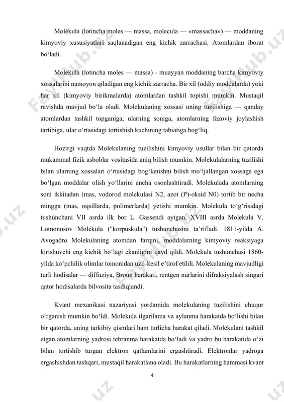 ati shunchalik tez bo‘ladi. ushbu harakatlar moddaning holatiga (qattiq, suyuq, gaz) qarab farqlanadi. moddalar molekulalardan tashkil topgan bo‘lib, bu molekulalar doimiy ravishda tartibsiz harakatda bo‘ladi. ushbu harakat molekulyar harakat deb ataladi. u fizik jihatdan shuni anglatadiki, har qanday haroratda (absolyut nol darajadan yuqori) molekulalar energiya ta’sirida harakatlanadi, ya’ni ularning kinetik energiyasi mavjud bo‘ladi. molekulyar harakat moddaning holatiga qarab farq qiladi: · qattiq jism – molekulalar faqat tebranma harakatda bo‘ladi. · suyuqlik – molekulalar bir-biriga yaqin bo‘lib, surilma va tebranma harakatni bajaradi. · gaz – molekulalar o‘zaro to‘qnashib, katta bo‘shliqlarda erkin harakatlanadi. molekulyar harakat barcha fizikaviy hodisalarning – issiqlik almashinuvi, bosim, diffuziya, konveksiya va boshqalar – asosidir. molekulyar harakat – bu moddaning mikroskopik zarrachalari (atomlar, molekulalar, ionlar)ning tartibsiz harakati bo‘lib, u modda ichki energiyasining asosi hisoblanadi. har qanday modda haroratga ega bo‘lsa, u holda uning molekulalari harakatda bo‘ladi. bu harakat: · kinetik energiya bilan bog‘liq (harakatlanayotgan zarracha energiyaga ega). · to‘qnashuvlar …