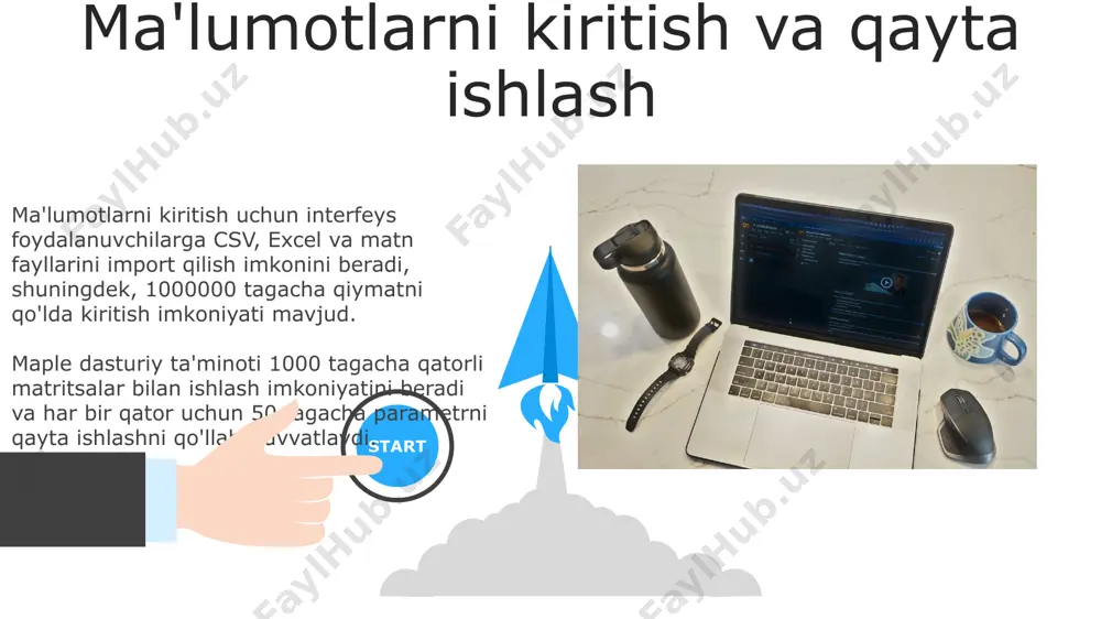 feys foydalanuvchilarga 2d va 3d grafikalarni yaratish, murakkab ma'lumotlarni tahlil qilish va natijalarni vizualizatsiya qilish imkonini beradi, bu esa samaradorlikni oshiradi. 06 05 04 dasturning asosiy funksiyalari 01 02 foydalanuvchilar interfeys orqali 2d va 3d grafikalarni yaratish, ma'lumotlarni tahlil qilish va turli xil matematik modellashtirish usullarini qo'llash imkoniyatiga ega. maple dasturiy ta'minoti 1000 dan ortiq matematik funksiyalarni, shu jumladan, differentsial tenglamalarni yechish va integral hisoblash kabi murakkab hisob-kitoblarni amalga oshirish imkoniyatini beradi. grafik va vizualizatsiya vositalari maple dasturiy ta'minoti 2d va 3d grafiklarni, shu jumladan, 1000 dan ortiq ma'lumot nuqtalarini qo'llab-quvvatlaydigan interaktiv diagrammalarni yaratish imkoniyatini beradi. foydalanuvchilar o'z grafiklarini turli formatlarda, jumladan, png, jpg, svg va pdf formatlarida 300 dpi gacha yuqori aniqlikda eksport qilishlari mumkin. muammolarni bartaraf etish va yechimlari dastur interfeysi orqali muammolarni aniqlash va yechimlarni amalga oshirish jarayoni o'rtacha 5-7 bosqichdan iborat bo'lib, bu esa foydalanuvchilar uchun qulaylik yaratadi. maple dasturiy ta'minotida 30 dan ortiq turli muammolarni …