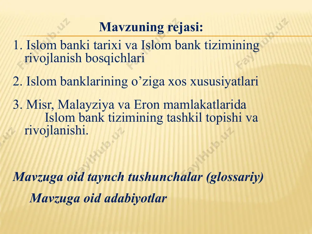 nchi davr - xalifaliklar davridan usmoniylar saltanati tanazzuliga qadar bo‘lgan davrni o‘z ichiga oladi. 3. uchinchi davr - islomiy bankingning zamonaviy bosqichidir. islom tarqalishidan avval va keyin makkada omonatlar doimo saqlashga topshirilgan. pul mablag‘lari va mulklarni saqlashga ishonib topshirilgan kishilar olinganlarni, albatta, qaytarishlari shart edi. lekin payg‘ambarimiz sollallohu alayhi vasallamning davrlarida sahobalardan zubayr ibn al-avvom saqlash uchun berilgan omonatlarni va’da yoki ishonch tamoyili bilan emas, balki qarz tamoyili bilan qabul qilar, agar omonatchilar jamg‘arish uchun pul keltirsalar, uni qabul qilmas edi. ushbu sahobiy islomiy bank tizimida dastlabki islomiy qarz yoki zayom amaliyotini joriy etgan kishi hisoblanadi. hijriy to‘rtinchi asrning o‘rtalariga kelib islomiy banking tarixida yangi ishlanmalar paydo bo‘la boshladi. sami xamud ahmad aminning “zuhr al-islom” kitobidan bir hikoyani keltirib o‘tadi. unda halab amiri sayf-ud-daula hamdoniy tarafidan islomiy bankingda birinchi marta to‘lov topshiriqnomasi va cheklar pullik hujjat sifatida ishlatilgani aytib o‘tilgan. islomiy bank tizimi taraqqiyot bosqichi 1963 yilda mit gamr jamg‘arma …