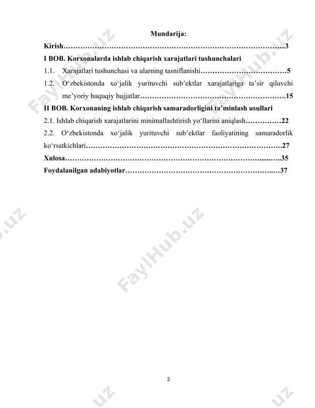 orxonalar o‘z ishlab chiqarish xarajatlarini minimallashtirish hamda ishlab chiqarish hajmini maksimallashtirish orqali qanday qolin eng optimal foydaga erishish lari mumkinligi va bularni amalga oshirishning turli usullari haqida ma’lumotlar berilgan. to‘rtinchi bo‘limda korxonalarda ishlab chiqarish xarajatlarini minimallashtirishning ijobiy taraflari korxonalar samaradorligini aniqlash yo‘llari va ko‘rsatkichlari haqida tavsilotlar berilgan. eng so‘ngi, xulosada kurs ishining asosiy fikrlarini umumlashtiradi, siyosatchilar va shaxslar uchun topilmalarning oqibatlarini yoritadi. shuningdek, ushbu bo‘limda kurs ishida keltirilgan tahlillar asosida korxonalar xarajatlarini minimallshtirish bo‘yicha eng samarali usullar ko‘rsatiladi. kurs ishining maqsadi kurs ishining maqsadlari: xarajat tushunchasi bo‘yicha umumiy ma’lumotlarni o‘rganish korxonlarda ishlab chiqarish xarajarlarining minimallashtirish yo‘llarini aniqlash korxonalarda ishlab chiqarish xarajatlariga ta’sir qilivchi omillarni tahlil qilish kurs ishining obyekti: kurs ishining obyekti korxonaning umumiy xarajatlari kurs ishining predmeti: kurs ishining predmeti korxonlarda xarajatlarni minimallashtirish usullari i bob. korxonalarda ishlab chiqarish xarajatlari tushunchalari 1.1 xarajatlari tushunchalari va tasniflanishi xoʼjalik yurituvchi subʼektlarda ishlab chiqarish xarajatlari masalalariga normativ-huquqiy hujjatlar va iqtisodchi olimlarning asarlarida …
