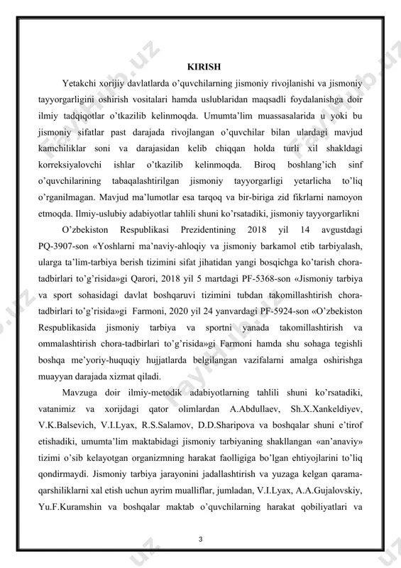 etadilar. ma’lumki, kichik yoshdan jismoniy tarbiya vositalaridan foydalanmaslik shunga olib keladiki, organizmning turli-tuman imkoniyatlari to’laligicha ro’yobga chiqmaydi va aniq sifatlarni rivojlantirish hamda ularni amalga oshirish uchun ancha ko’p vaqt va katta kuch kerak bo’ladi. mamlakatimizda aholi, ayniqsa, bolalar va o’quvchi yoshlarning sport bilan ommaviy shug’ullanishlari, faol dam olish shakllaridan foydalanishni ta’minlovchi amaliy chora-tadbirlar bosqichma-bosqich amalga oshirilmoqda. jismoniy tarbiya va sportni yanada rivojlantirish, sog’lom avlodni tarbiyalash respublikamiz davlat siyosatining ustuvor yo’nalishiga aylangan, «... butun ta’lim tizimining eng muhim vazifasi – yosh avlodga puxta ta’lim berish, ularni jismoniy va ma’naviy yetuk insonlar etib tarbiyalashdan iboratdir». hozirgi zamon sharoitlarida jismoniy tarbiya jarayoni samaradorligi jismoniy sifatlarni kompleks holda tarbiyalash vositalari va metodlaridan to’g’ri foydalanishga bog’liq. maktab yoshidagi bolalarning jismoniy sifatlarini rivojlantirishda tabaqalashtirilgan yondashuvni tashkil etish samarasi ko’pgina tadqiqotchilar tomonidan e’tirof etiladi, bunda mashqlarning deyarli hamma turlarini bajarish va barcha jismoniy sifatlarni namoyon qilish uchun bolalarning integratsiyalashgan rivojlanishini tashkil etish zarur ekanligi alohida ta’kidlanadi. a.a.gujalovskiyning …