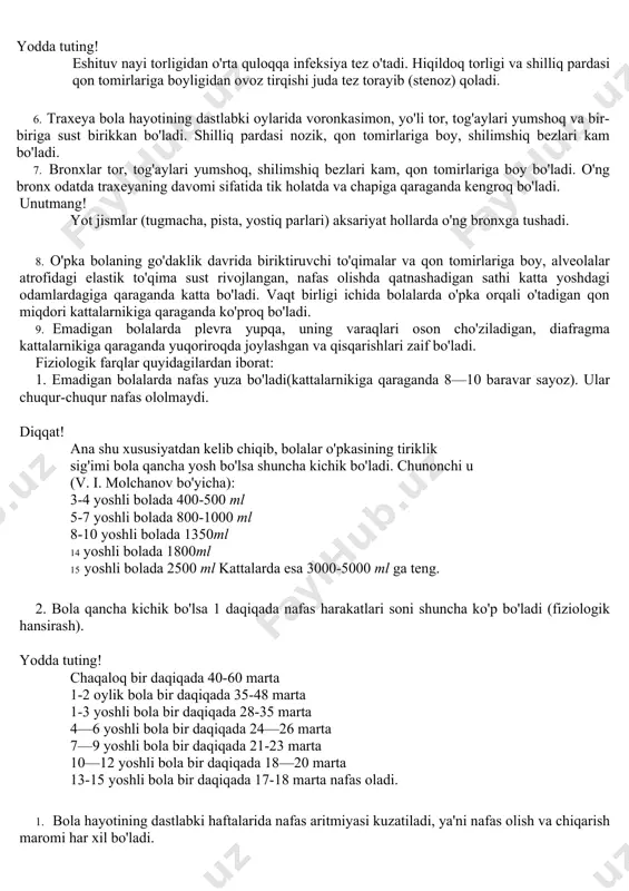 rakat layoqati awaliga bo'yin va gavda muskullarida, keyinchalik qo'l va oyoqlarda paydo bo'ladi. muskul kuchi ham bola ulg'aygan sayin ortib boradi. unutmang! muskullar kuchi va harakatlarda qatnashuvini takomillashtirish uchun bolaning dastlabki rivojlanish davrlaridanoq turli xil gimnastik mashqlar qildirish tavsiya etiladi. bolada normal rivojlanish bo'lganda statik va lokomotor faoliyat ham asta-sekin yoshiga mos ravishda shakllanib boradi. bu o'zgarishlar quyidagi asosiy ma'lumotlar bilan ta'riflanadi. i. statik funksiyalarning rivojlanishi a. bolaning o'tirish malakalarining rivojlanishi. 1- oy - boshini tik tutolmaydi. 2- 3-oylar — boshini tik tuta oladi. 4- oy - qo'llaridan ushlab turilganda o'tira oladi. 5- 6-oylar - bir qo'lidan ushlab turilganda o'tira oladi. 7- 8-oylar - hech qanday tayanchsiz o'tira oladi. 8- 9-oylar - yotgan holatidan o'zi turib o'tira oladi. b. tik turish malakalarining rivojlanishi. 3- 3,5 oylik - qo'ltiq tagidan ushlab turilganda oyoqlarini yerga tirab 30—60 soniyagacha tura oladi. 5-5,5 oylik - ikki qo'lidan ushlab turilganda uzoqroq vaqt davomida tik turadi. …