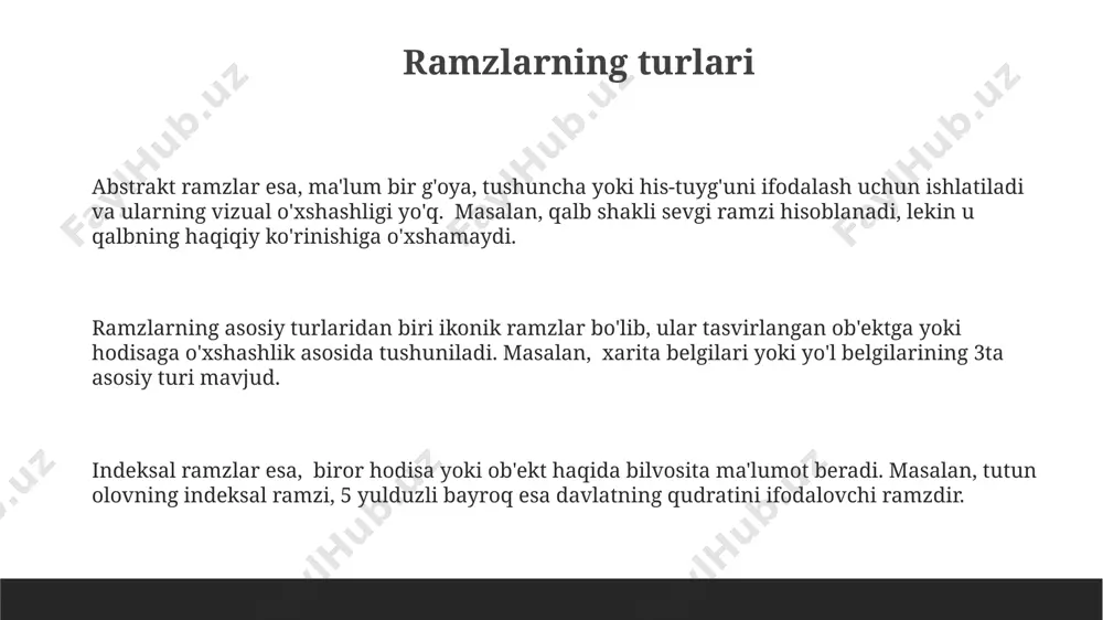 enotativ va konnotativ) mavjud bo'lib, ularning kombinatsiyasi 80% dan ortiq ishonchlilikni beradi. ramzlarning semantikasi ramzlarning semantikasi 2-3 ta asosiy ma'noni ifodalashi mumkin, lekin madaniy kontekstga qarab ularning talqini 10 dan ortiq xil variantga ega boʻlishi mumkin. ramziy ifodalarni tahlil qilishda, 5 ta asosiy semantik kategoriyani hisobga olish kerak: fazoviy, vaqtiy, miqdoriy, sifatli va munosabatlar. ranglar ramziyligi semantikada muhim rol o'ynaydi; masalan, qizil rang 7 ta turli madaniyatda 3 ta asosiy ma'noni (sevgi, g'azab, xavf) bildirishi mumkin. kundalik hayotdagi ramzlar kundalik hayotda ranglar 7 ta asosiy tuyg‘u (quvonch, g‘am, qo‘rquv, g‘azab, ajablanish, nafrat, xotirjamlik)ni ifodalovchi kuchli ramzlar bo‘lib, ularning har biri turli madaniyatlarda o‘ziga xos ma’nolarga ega. uy – shaxsiy makon va oilaning, turmush tarzining asosiy ramzi bo‘lib, uning kattaligi, tarkibi va holati odamning ijtimoiy mavqei va moddiy ahvoli haqida ma’lumot beradi. soat 12:00, kunning eng yuqori nuqtasi, ko‘pincha mukammallik, to‘liqlik va yangi boshlanish ramzi sifatida qabul qilinadi; vaqt tushunchasi bilan …