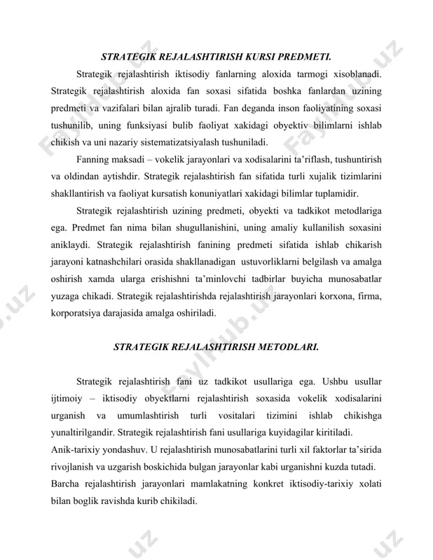 hda kurib chikiladi. sistemali yondashuv. murakkab ijtimoiy- iktisodiy tizimlarda extimolli jarayonlarning borishi mikdoriy va sifat parametrlarini urganishda tizim pozitsiyasidan yondashishga imkon beradi. u kuyidagilarni kuzda tutadi. birinchidan, strategik rejalashtirish tizimni yaxlit birlik sifatida uz rivojlanish konunlari bilan birga kurib chikish. ikkinchidan, tizimni kuyi tizimlarga ajratish va ularning uzaro ta’sirini urganish imkoniyati, chunki kuyi tizimlar bir-biriga va tizimga ta’sir kursatadi. shunda kuyi tizimlar konuniyatlari va alokalarini, ularning nisbatlari va muvofikligini ochish imkoniyati yaratiladi. · tizimli yondashuv moxiyati uning tamoyillaridan kelib chikadi: · tizim rivojlanishi; · tizim elementlari va xodisalarining uzaro ta’siri va uzaro boglikligi; · murakkablilik; · yaxlitlik; · iyerarxiyalilik; · bosh bugin. · kompleks yondashuv. bu usul vokealarni uzaro bogliklik va alokada kurib chikadi. kompleks yondashuv kuyidagilarni kuzda tutadi: · bir necha fanlar tadkikot usullarini birga ishlatish; · darajalar buyicha rejalashtirish maksadlari tuplamini kurib chikish; · davr manfaatlari nuktai nazaridan rejalashtirish muammolarini kurib chikish. modellashtirish. modellashtirish moxiyati rajalashtirilayotgan jarayon modelini …