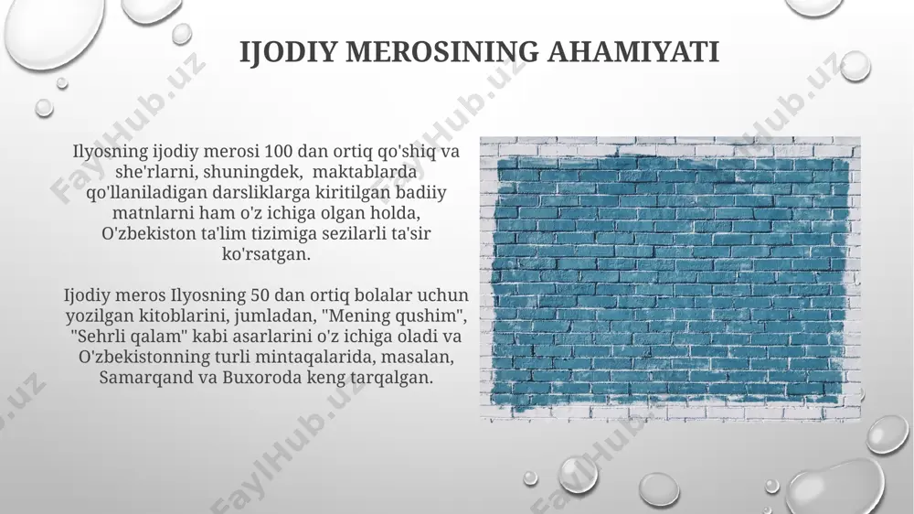xoro kabi shaharlarning madaniy an'analariga bog'liq holda shakllangan. keyingi avlodga ta'siri ilyosning 10 dan ortiq kitobi 20-asrning 70-yillaridan boshlab oʻzbekistonning turli viloyatlaridagi maktab kutubxonalarida keng tarqalib, yosh avlodning adabiy didini shakllantirishga sezilarli hissa qoʻshgan. uning asarlari orqali 5 yoshdan 12 yoshgacha boʻlgan bolalar milliy qadriyatlar, diniy bagʻrikenglik va insoniylik tuygʻulari haqida bilib olishadi, bu esa ularning shaxs sifatida kamol topishiga yordam beradi. tarjima ishlari ushbu tarjimalar orasida bolalar uchun yozilgan 15 ta hikoya va 30 dan ortiq she'rlar mavjud bo'lib, ularning ko'pchiligi ingliz va rus tillaridan o'zbek tiliga tarjima qilingan. ilyosning "tarjima ishlari" to'plami 50 dan ortiq asarni, jumladan, dunyoning 10 dan ziyod mamlakatidan bo'lgan 20 ga yaqin muallifning hikoyalarini o'z ichiga oladi. dastlabki hikoyalari “dastlabki hikoyalari” ning nashr etilgan birinchi nusxasi 2000 yildan keyin, toshkent shahrida 5000 dan ortiq nusxada chop etilgan va bolalar adabiyoti do'konlarida keng tarqalgan. “dastlabki hikoyalari” toʻplamiga taxminan 10 dan ortiq qissa va ertaklar, asosan …