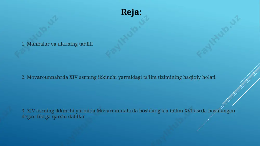 an-toʻgʻri ta’limi orqali amalga oshirilgan boʻlib, taxminan 10-15 nafar shogird bir guruhda ta’lim olgan. "muallim" va "shogird" munosabatlari ierarxik tuzilishga ega boʻlib, darslar asosan qur’on va hadislarni oʻrganishga, shuningdek, arab tili grammatikasini oʻzlashtirishga qaratilgan. oʻquvchilarning ijtimoiy kelib chiqishi shaharlardagi boy va nufuzli oilalarning farzandlari, 10% ni tashkil etgan, maxsus maktablarda oʻqish imkoniyatiga ega boʻlib, ularga individual ta'lim berilgan. oʻquvchilarning aksariyati (taxminan 70%) dehqon va hunarmand oilalaridan boʻlib, ularning ta'lim olish imkoniyati iqtisodiy ahvolga bogʻliq edi. ustozlar va oʻqituvchilarning tayyorgarligi ustozlarning tayyorgarligi masjiddagi diniy ta’limga asoslangan boʻlib, 15-asrda madrasalar sonining koʻpayishi bilan, 20 dan ortiq talaba oʻqitadigan ustozlar uchun malaka oshirish kurslari tashkil etilgan. oʻqituvchilar, asosan, diniy yozuvlarni bilgan va arab tilida oʻqish-yozishni usta egallagan kishilar boʻlib, ularning 30% ga yaqini qoʻshimcha ravishda hisob-kitob va astronomiya fanlarini ham oʻrgatar edilar. davlatning taʼlimga taʼsiri davlat movarounnahrda 15-asrda madrasalar qurishga katta mablagʻlar ajratdi, bu taʼlimning rivojlanishiga sezilarli taʼsir koʻrsatdi va oʻquvchilar sonini 30% …