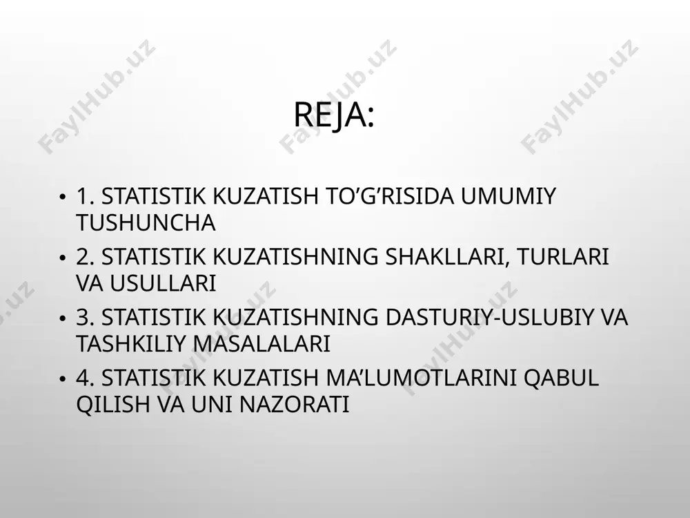 lari statistik kuzatish informatsiya yetkazib beruvchi sub’ektlar kategoriyalariga qarab quyidagi shakllarga bo’linadi: ma’muriy ma’lumotlarni to’plash. ma’muriy idora-lar(soliq, bojxona, nikohdan o’tkazish va x.k.) statis-tika organlariga o’z faoliyatlari haqida ma’lumot-larni pulsiz va so’ralgan vaqtda yetkazib berishga majburdirlar. boshlang’ich statistik ma’lumotlarni to’plash. ro’yxatdan o’tgan barcha tashkilot, korxona, tadbirkorlar topshiradigan statistik hisobotlar orqali to’planadi. statistik organlar to’plagan ma’lumot. statistika organlari uy xo’jaligini o’rganish uchun maxsus tanlab kuzatishlar o’tkazishadi, aholi ro’yxati va boshqa maxsus kuzatishlar yordamida to’plangan ma’lumot. statistik kuzatish tashkil etilishiga qarab: statistik hisobot va maxsus uyushtirilgan statistik kuzatishlarga bo’linadi. hisobot (buxgalteriya va statistik hisobotlarga bo’linadi) statistik kuzatishning asosiy shakli bo’lib, u barcha korxona va tashkilotlar faoliyati haqidagi boshlang’ich ma’lumotlarni to’plash uchun imkoniyat yaratadi. hisobot bilan bir qatorda statistikada maxus tashkil qilingan statistik kuzatishlar keng qo’llaniladi. maxsus tashkil qilingan statistik kuzatishlarga aholi ro’yxatini misol keltirishimiz mumkin. statistik kuzatish shakllari mahsus uyushtirilgan statistik kuzatish xarakteri va mazmuni bo’yicha topshirish muddati bo’yicha yuborish usuli bo’yicha umumlashtirish …