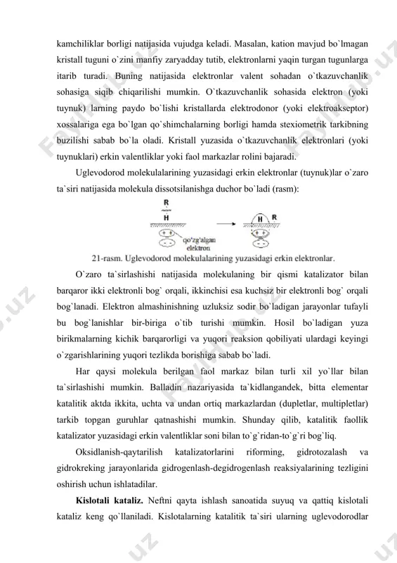 izator yuzasidagi erkin valentliklar soni bilan to`g`ridan-to`g`ri bog`liq. oksidlanish-qaytarilish katalizatorlarini riforming, gidrotozalash va gidrokreking jarayonlarida gidrogenlash-degidrogenlash reaksiyalarining tezligini oshirish uchun ishlatadilar. kislotali kataliz. neftni qayta ishlash sanoatida suyuq va qattiq kislotali kataliz keng qo`llaniladi. kislotalarning katalitik ta`siri ularning uglevodorodlar bilan o`zaro ta`sir etib karboniy ionlari yoki karbokationlar deb ataladigan kationlarning hosil bo`lishi bilan belgilanadi. odatda karbokationlar katalizatorlardan (kislota hx) to`yinmagan uglevodorod molekulasiga proton birikkanda hosil bo`ladi: katalizatorning kislotaligi ancha yuqori bo`lganda karbokationlar alkan yoki sikloalkanlardan katalizator (lyuis kislotasi) ta`sirida molekuladagi bog`larning geterolitik uzilish yo`li bilan ham hosil bo`ladi: karbokationlar - reaksion qobiliyati kuchli bo`lgan moddalardir. ionli reaksiyalarning tezlik konstantalari shunga o`xshagan radikalli reaksiyalarnikidan ancha yuqoridir. karbokationlarning nisbiy barqarorligi to`g`risida ularning hosil bo`lish issiqligi bo`yicha xulosa chiqarish mumkin (kj/mol) (jadval): karbokationlar barqarorligi quyidagi ketma-ketlikda amalga oshadi: birlamchi 3500c - 195-2700c, 270–4200c va qoldiq >4200c. yengil gazoyl (195-3500c) dizel yoqilg`isi komponenti sifatida hamda mazutlar olishda suyultiruvchi sifatida ishlatiladi. parafinli xomashyodan olingan yengil …