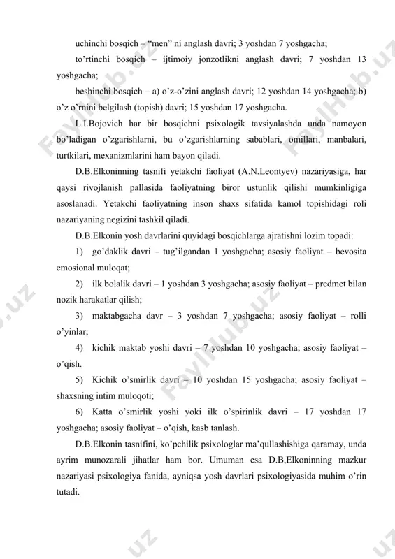 niig psixik taraqqiyotiga oiddir. l.s.vigotskiyning oliy psixik funksiyalar shakllanishi haqidagi qonuni bolalar tarbiyasi va ta’limini amalga oshirishda katta ahamiyatga ega. psixolog ilmiy qiziqishlarining markazida bolaning ijtimoiy-madaniy taraqqiyoti masalasi turadi. l.s.vigotskiyning iz​lanishlari oliy psixik funksiyalar, ya’ni ixtiyoriy xotira va diqqat, tafakkur, irodaviy harakatlarni bevosita miyaning faoliyati bilan tushuntirib bo’lmasligini, ushbu funksiyalarning mohiyatini tushunish uchun ularning ildizlarini organizmdan tashqaridagi ijtimoiy muhitdan izlash lozimligiii ko’psatdi. aynan l.s.vigotskiyning ilmiy qarashlari ijtimoiy muhit ahamiyatini aniqlashtirishda muhim poydevor bo’lib xizmat qiladi. l.s.vigotskiy uz konsepsiyasida bola psixik taraqqiyotining 4 asosiy konunining ta’riflab berdi. bu qonunlar quyidagilardan ibo​rat: 1. bola taraqqiyot ritmlarining farqlanish. bu qonynra ko’ra bolaning rivojlanishi o’z sur’atlariga ega, bu sur’atlar vaqt ritmiga to’g’pi kelmaydi. shuning uchun chaqaloqlikdagi hayotining 1 yili o’smirlikdagi 1 yilga teng bo’lmaydi; 2. bola taraqqiyotidagi metamorfoza qonuni. bu qonynra ko’ra ri​vojlanish sifat o’zgarishlarining zanjiridan iborat. bola kampoq biladigan, qo’lidan kampoq narsa keladigan odam emas, balki psixikasi sifat jihatidan kattalar psixikasidan farqlanuvchi mavjudotdir; …