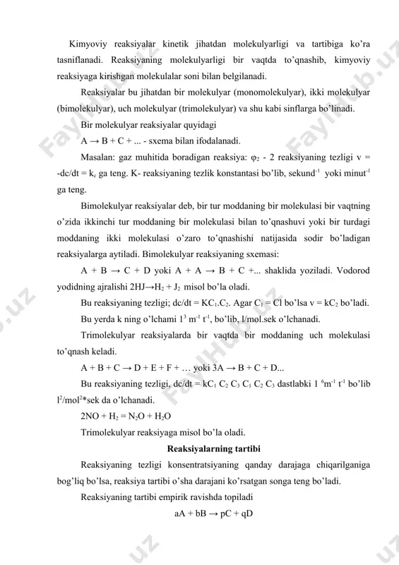 ichlari yig’indisi d+b=n dir. agar reagentlar stexometrik nisbatda olingan bo’lsa, reaksiya tezligi bilan konsentratsiya orasidagi munosabat umumiy tarzda: ko’rinishda yoziladi. bu tenglamadagi t reaksiyaning tartibi, k esa tezlik konstantasi, c esa reaksiya uchun olingan moddalarning konsentratsiyasi. sanoatda reaksiyaning tartibi va uning molekulyarligi degan tushunchalar quyidagi ikki holatda boshqa-boshqa ma’noni beradi. 1) bu holda reaksiya bosqichlar bilan boradi. bir necha bosqichda boradigan reaksiya tezligi eng sust boradigan bosqich tezligiga bog’liq bo’ladi, chunki boshqa bosqichlar tez borsa ham, sust boruvchi bosqich butun jarayonni kechiktirib turadi. agar ana shu sust boruvchi bosqich, masalan, bimolekulyar bo’lsa, u holda barcha jarayonning tezligi ikkinchi tartibli reaksiya qonunlariga bo’ysunadi. bu holda eng sust boruvchi bosqichning molekulyarligi umumiy jarayonning qaysi tartibli reaksiya ekanligini aniqlab beradi. 2) ikkinchi holatda reaksiyada ishtirok etayotgan moddalarning konsentratsiyalari orasidagi farq katta bo’ladi. reaksiya tezligi konsentratsiyaning o’zgarishiga bog’liq. demak, reaksiyaning tartibi empirik ravishda topiladigan tushuncha bo’lib, reaksiyaning molekulyarligi nazariy tushunchadir. aktivlanish nazariyasi molekulalar orasida …