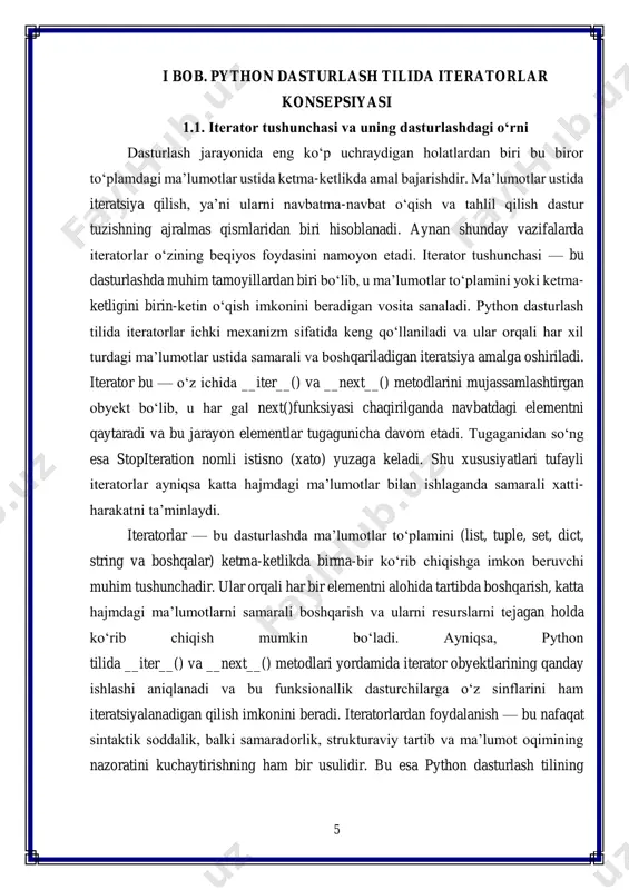 (numbers), print(next(iterator)) chaqirilganda 1 chiqadi, keyingi next() chaqirilishlarida 2 va 3 chiqadi, undan keyin esa stopiteration istisnosi yuz beradi. bu oddiy misol bo‘lsa-da, iterator mexanizmining mohiyatini ancha aniq ifodalaydi. ko‘pchilik holatlarda dasturchilar iteratorlarni bevosita ishlatmaydi, balki python’ning for sikli yordamida iteratsiya qiladi. biroq for sikli ichki jihatdan iter() va next() funksiyalarini avtomatik chaqiradi. misol uchun, for i in [1, 2, 3]: print(i) kodi aslida iterator = iter([1, 2, 3]), while true: try: print(next(iterator)) except stopiteration: break ko‘rinishida bajariladi. shunday qilib, python tilida har qanday for sikli aslida iteratorlar bilan ishlashni anglatadi. iteratorlar dasturlashda turli sohalarda qo‘llaniladi. masalan, fayllarni qatorma-qator o‘qish, real vaqtli oqim (streaming) ma’lumotlar bilan ishlash, resurslar cheklangan muhitlarda xotirani tejab ishlash, sonsiz yoki juda katta ketma- ketliklar bilan ishlash hollari iteratorlar yordami bilan soddalashadi. masalan, bir necha gigabaytli log faylni with open("log.txt") as file: for line in file: tarzida iterator orqali o‘qish mumkin, bu esa xotirada butun faylni …