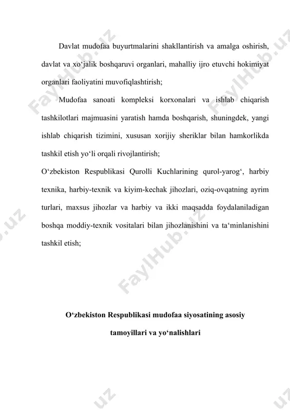 ini va uning ilmiy-ishlab chiqarish bazasini rivojlantirish; ijtimoiy institutlarga va hokimiyat organlariga bo‘lgan ishonchga putur yetkazishga, shuningdek davlatning ichki ishlariga aralashish maqsadida aholining ommaviy ongiga axborot-mafkuraviy ta’sir ko‘rsatish bilan bog‘liq xavflarni kamaytirishga qaratilgan ilg‘or texnologik yechimlarni va boshqa yechimlarni qo‘llash; b)mintaqaviy darajada: mintaqada tinchlik va barqarorlikni ta’minlash, mintaqaviy xavfsizlikning eng muhim muammolarini hal etish, shu jumladan afg‘onistondagi vaziyatni tartibga solishga ko‘maklashish, transchegaraviy oqarsuv resurslaridan foydalanish masalalarini hal etish, chegaralarni delimitatsiya va demarkatsiya qilish jarayonlarini tugallash, ekologik barqarorlikni ta’minlash, favqulodda vaziyatlarga hamda tabiiy va texnogen xususiyatdagi transchegaraviy tahdidlarga e’tibor qaratish yuzasidan ta’sirchan chora-tadbirlarni kurish; mintaqadagi tinchlik, barqarorlik va xavfsizlikka tashqi hamda ichki tahdidlar bo‘lishiga yo‘l qo‘ymaslik va ularni neytrallashtirish, ekstremizm, terrorizm, uyushgan hamda transchegaraviy jinoyatchilikka qarshi kurashish borasida markaziy osiyodagi barcha mamlakatlar bilan o‘zaro hamfikrlik va amaliy hamkorlikni mustahkamlash; mintaqa davlatlari o‘rtasida harbiy sohadagi hamkorlikni kengaytirish, ishonch va xavfsizlikni mustahkamlash; v) xalkaro darajada: birlashgan millatlar tashkilotining, boshqa xalqaro tashkilotlar va institutlarning …