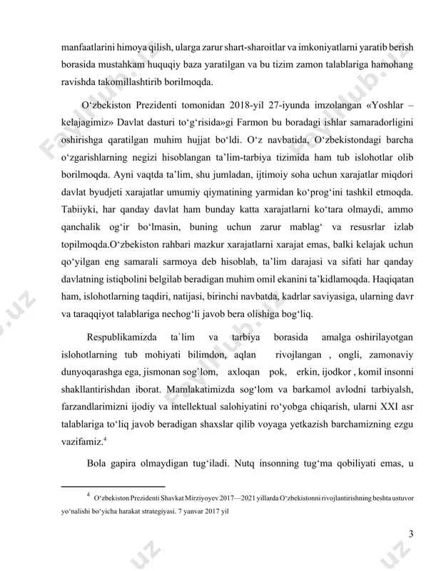 «yoshlar – kelajagimiz» davlat dasturi to‘g‘risida»gi farmon bu boradagi ishlar samaradorligini oshirishga qaratilgan muhim hujjat bo‘ldi. o‘z navbatida, o‘zbekistondagi barcha o‘zgarishlarning negizi hisoblangan ta’lim-tarbiya tizimida ham tub islohotlar olib borilmoqda. ayni vaqtda ta’lim, shu jumladan, ijtimoiy soha uchun xarajatlar miqdori davlat byudjeti xarajatlar umumiy qiymatining yarmidan ko‘prog‘ini tashkil etmoqda. tabiiyki, har qanday davlat ham bunday katta xarajatlarni ko‘tara olmaydi, ammo qanchalik og‘ir bo‘lmasin, buning uchun zarur mablag‘ va resusrlar izlab topilmoqda.o‘zbekiston rahbari mazkur xarajatlarni xarajat emas, balki kelajak uchun qo‘yilgan eng samarali sarmoya deb hisoblab, ta’lim darajasi va sifati har qanday davlatning istiqbolini belgilab beradigan muhim omil ekanini ta’kidlamoqda. haqiqatan ham, islohotlarning taqdiri, natijasi, birinchi navbatda, kadrlar saviyasiga, ularning davr va taraqqiyot talablariga nechog‘li javob bera olishiga bog‘liq. respublikamizda ta`lim va tarbiya borasida amalga oshirilayotgan islohotlarning tub mohiyati bilimdon, aqlan rivojlangan , ongli, zamonaviy dunyoqarashga ega, jismonan sog`lom, axloqan pok, erkin, ijodkor , komil insonni shakllantirishdan iborat. mamlakatimizda sog‘lom va …
