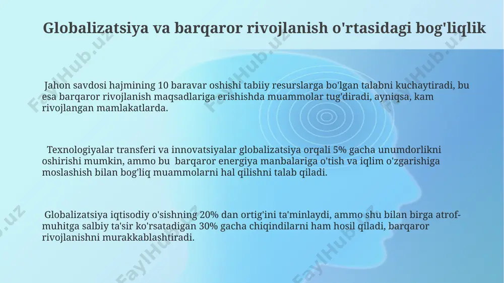 atni muhofaza qilish va ijtimoiy adolatga yo'naltirish kerak, bu esa 2030 yilgacha maqsadlarga erishishga yordam beradi. global hamkorlik va xalqaro tashkilotlarning roli bmtning 17 ta barqaror rivojlanish maqsadlari (brm) global hamkorlikni talab qiladi va xalqaro tashkilotlar ushbu maqsadlarga erishish uchun moliyaviy yordam, texnologiya transferi va mutaxassislarni jalb qilish orqali muhim rol o'ynaydi. iqlim o'zgarishiga qarshi kurashda, masalan, parij bitimi kabi xalqaro shartnomalar va ularni amalga oshirishda 200 dan ortiq davlatning ishtiroki global hamkorlikning muhimligini va xalqaro tashkilotlarning koordinatsion rolini ko'rsatadi. jahon savdo tashkiloti (jst) kabi 164 a'zodan iborat xalqaro tashkilotlar global savdo qoidalarini belgilaydi va rivojlanish uchun teng imkoniyatlar yaratadi, bu esa barqaror rivojlanishga hissa qo'shadi. adolat va tengsizlik globalizatsiya va barqaror rivojlanishda глобаллашувнинг иқтисодий фойдалари нотенг тарқатилади, бундай тарқалиш 0,1 коэффициентли жини коэффициенти орқали ўлчаниши мумкин. тенгсизлик жамиятда ижтимоий нотинчликларни кучайтиради ва барқарор ривожланишга халал беради. жаҳонлашув орқали бойликнинг 20% дан ортиқ қисми дунё аҳолисининг 1% га тегишли бўлиб …