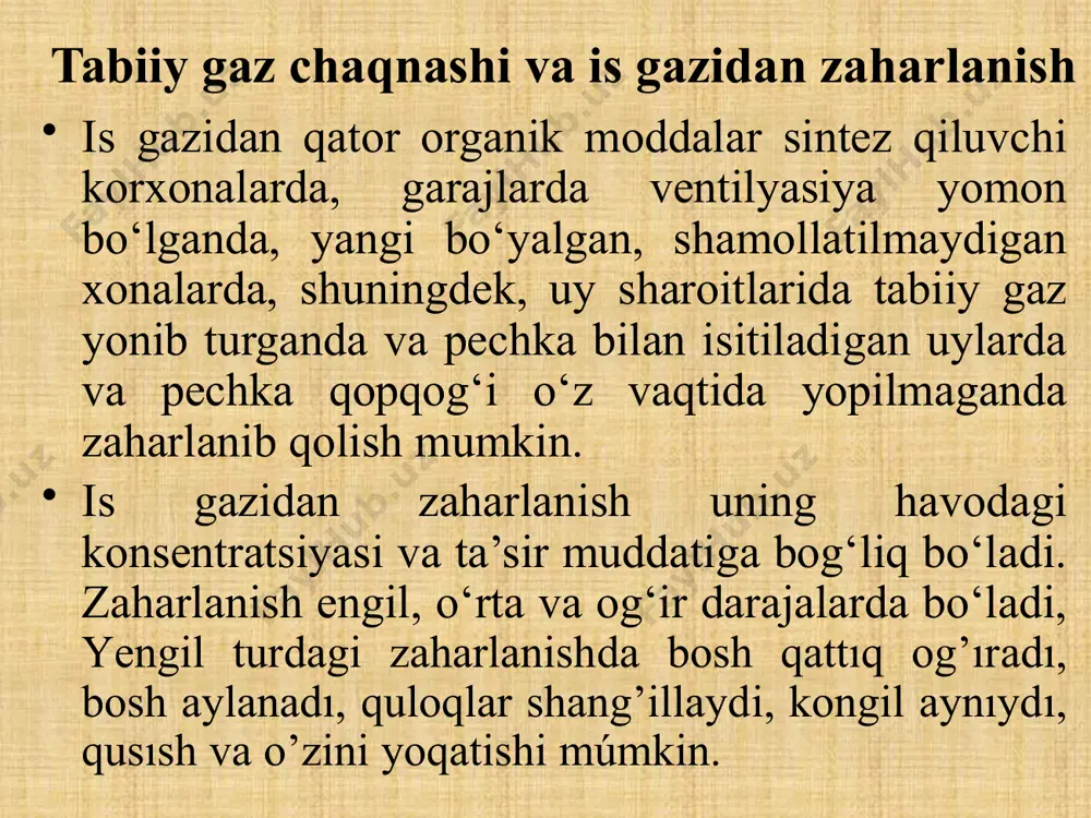mumkin. tabiiy gazlardan zaharlanish va gaz isitish asboblaridan xavfsizlik qoidalariga rioya qilgan holda foydalanishga nafaqat mavsum davomida, balki butun umr davomida e’tibor qaratmog‘imiz lozimdir. yuqorida ko‘rsatib o‘tilgan qoidalariga rioya qilsangiz o‘zingizni va oila a’zolaringizni gazdan zaharlanishdan va turli xil noxush hodisalardan saqlab qolgan bo‘lasiz. xonada tabiiy gaz yig‘ilib qolgan holatda, zudlik bilan quyidagilarni amalga oshirish zarur: -xonaning oyna va derazalarini ochib, shamollatish; -xonadagi elektr jihozlarni yoqmaslik, yoniq bo‘lsa o‘chirmaslik; -gaz jo‘mraklarini berkitish; -gazni berkitishning iloji bo‘lmasa yoki yorilgan, singan va teshilgan joylar aniqlansa, gaz ta’minoti avariya xizmatiga xabar berish. tabiiy va is gazlari bilan zaharlanish holatlari bilan bog‘liq favqulodda vaziyatlar sodir bo‘lganda zudlik bilan: -zaharlangan kishiga birinchi tibbiy yordam ko‘rsating; -"103" telefon raqami orqali "tez tibbiy yordam"ga xabar bering; -"104" telefon raqami orqali gaz ta’minoti xizmatiga xabar bering; -"1050" favqulodda vaziyatlar boshqarmasi qutqaruv xizmatiga murojaat qiling. etiboringiz uchun raxmat image2.jpeg image3.jpeg image4.jpeg image5.jpeg image6.jpeg image7.jpeg image8.emf image9.png image10.emf image11.jpeg image1.jpeg …
