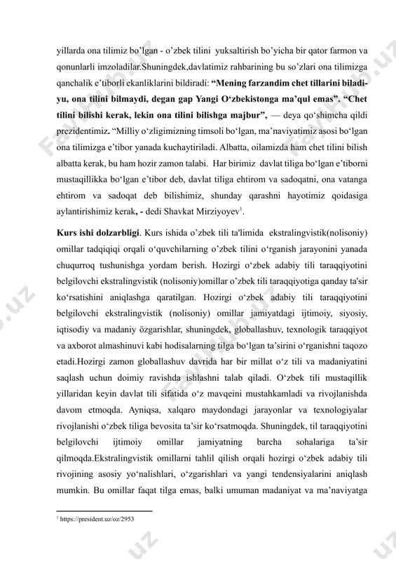 bo‘lib kelgan. ayniqsa, mustaqillikdan so‘nggi davrda o‘zbek adabiy tilining taraqqiyoti ko‘plab ijtimoiy, siyosiy, iqtisodiy va texnologik omillar bilan belgilanmoqda.hozirgi kunda dunyoda globalizatsiya jarayonining jadallashuvi til rivojiga sezilarli ta’sir o‘tkazmoqda. o‘zbek adabiy tili ham ushbu jarayonlardan chetda qolmay, xalqaro aloqalar, madaniy almashinuvlar va ilm-fanning yuksalishi orqali boyib bormoqda. bu jarayon yangi terminlarning paydo bo‘lishi, leksik tarkibning kengayishi, stilistik imkoniyatlarning ortishi kabi jihatlar orqali o‘z aksini topmoqda. shunday qilib, o‘zbek adabiy tili jamiyatdagi o‘zgarishlarning yorqin ko‘zgusidir. kurs ishining maqsadi va vazifalari. hozirgi o‘zbek adabiy tili taraqqiyotini belgilovchi ekstralingvistik (nolisoniy) omillarning ta’sirida o’zbek tiliga qadimgi turki tildan tortib to hozirgi o’zbek tili shakliga kelguncha bir qancha so’zlar o’zlashgan. kungacha bir qancha so‘zlar o‘zlashgan. o‘zaro ijtimoiy va iqtisodiy aloqalar oqibatida tilimizga yot bo‘lgan bir qancha leksemalar kirib qolgan. eng muhim jihati o‘zbek tili adabiy qatlamida bu kabi o‘zlashmalar xalq tomonidan qabul qilinib bo‘lindi. kurs ishining maqsadi o‘zlashma so‘zlarning qaysi tildan kirib kelganligini va qaysi …