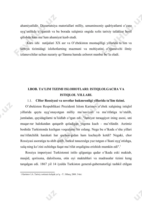 tgandi. turkiston o’lkasining barcha general-gubernatorlari o’lkada izchil ruslashtirish siyosatini olib bordilar. aksariyat hollarda bu siyosat aynan ta’lim sohasidan boshlandi. bu sohada hattoki imperiya hukumatining maxsus dasturi ham ishlab chiqildi. turkiston o’lkasining birinchi general-gubernatori, general-ad’yutant k.p. fon kaufman (1867 - 1882) diniy urf-odat, marosimlarga aralashmaslik asosida milliy maorifga nisbatan ruslashtirish siyosatini qo’llab-quvvatladi. kaufman davridan boshlab mustamlaka ma’muriyati zimma-siga musulmon ruhoniylarining vaqf yerlarini tekshirish vazifasi yuklatilgandi. bundan tashqari, vaqf yerlari arzimagan baholarda rus kapitalistlari va yuqori lavozimdagi amaldorlarga sotib yuborildi. musulmon ruhoniylarining iqtiso-diy negiziga zarba berilishi oqibatida madrasa va maktablar faoliyatiga ham ziyon yetkazildi, chunki ular azaldan davlat mablag’i hisobidan emas, balki vaqf yerlaridan tushgan daro - mad va jamoat xayriyasi hisobidan kun kechirganlar. mustamlaka ma’muriyati turkistonning ma’naviy-madaniy hayotida asrlar davomida muhim o’rin egallab kelgan madrasa va maktablar qiyofasida "musulmonchilik o’choqlari"ni ko’rdilar, ularga "ruslarga nisbatan dushmanlik kayfiyatida, bu yerda ularni obro’sizlantirishga qaratilgan rejalar tuzish bilan shug’ullanishadi", deb baho berdilar.1 general-gubernator kaufman milliy …