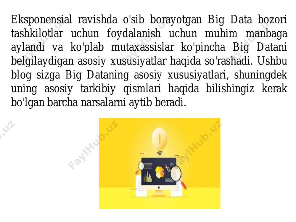 lar va tendentsiyalarni ochib berishi mumkin. bu tushunchalar, o'z navbatida, ongli qarorlar qabul qilish, biznes jarayonlarini optimallashtirish, mijozlar tajribasini yaxshilash va innovatsiyalarni rivojlantirishga yordam beradi. katta ma'lumotlarning qiymati nafaqat uning miqdori, balki undan olingan tushunchalarning sifati bilan ham bog'liq. • turli xillik (variety) katta ma'lumotlar turli xil ma'lumotlar turlarini, shu jumladan tuzilgan, yarim tizimli va tuzilmagan ma'lumotlarni o'z ichiga oladi. strukturaviy ma'lumotlar ma'lumotlar bazalari va elektron jadvallar kabi oldindan belgilangan formatda tashkil etilgan va saqlanadigan ma'lumotlarni anglatadi. yarim tuzilgan ma'lumotlar ba'zi tashkiliy tuzilishga ega, lekin xml yoki json fayllari kabi qat'iy sxemaga amal qilmaydi. boshqa tomondan, tuzilmagan ma'lumotlar oldindan belgilangan tuzilishga ega emas va matnli hujjatlar, ijtimoiy media xabarlari, rasmlar, videolar va audio fayllarni o'z ichiga oladi. tuzilgan yarim tizimli tuzilmagan • haqiqat (veracity) turli xillik big data xususiyatlarining to'rttani tashkil qiladi. haqiqiylik ma'lumotlarning sifati, aniqligi va ishonchliligini anglatadi. katta ma'lumotlar ko'pincha turli manbalardan kelib chiqadi va ma'lumotlar aniqligi, to'liqligi …